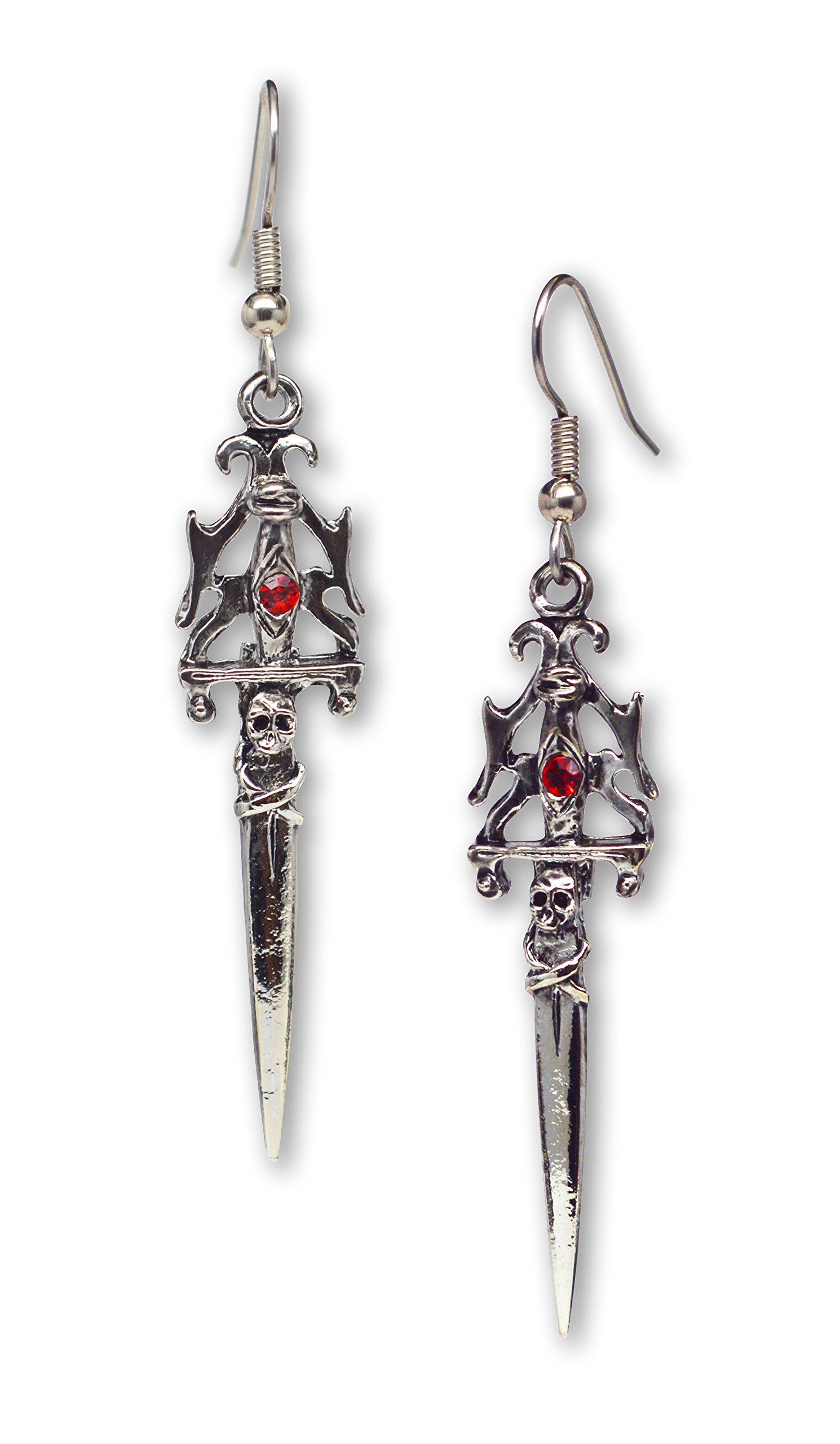 Gothic Skull Dagger Earrings with Crystals for Renaissance Costume