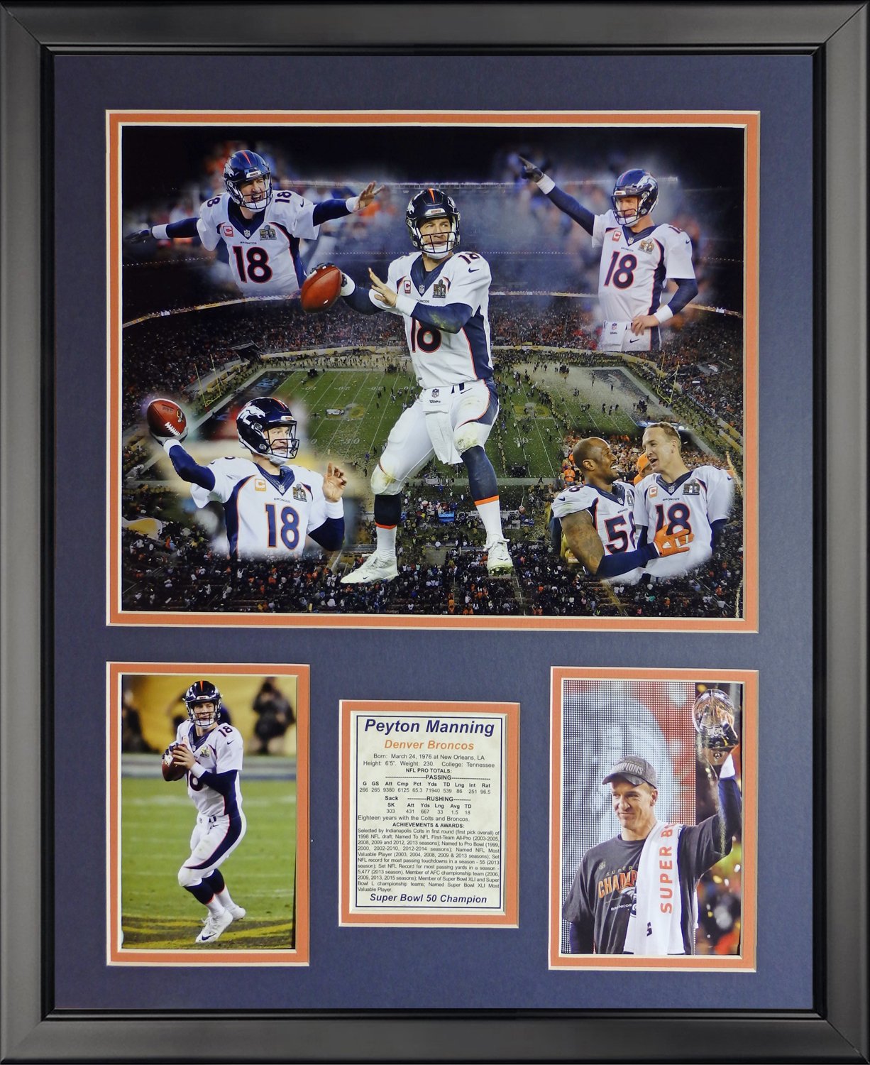 Legends Never Die - NFL 2015 Super Bowl 50 Champions Peyton Manning Framed Photo Collage - Perfect for Sports Memorabilia Collection, Man Cave Decor & Football Fan Gifts