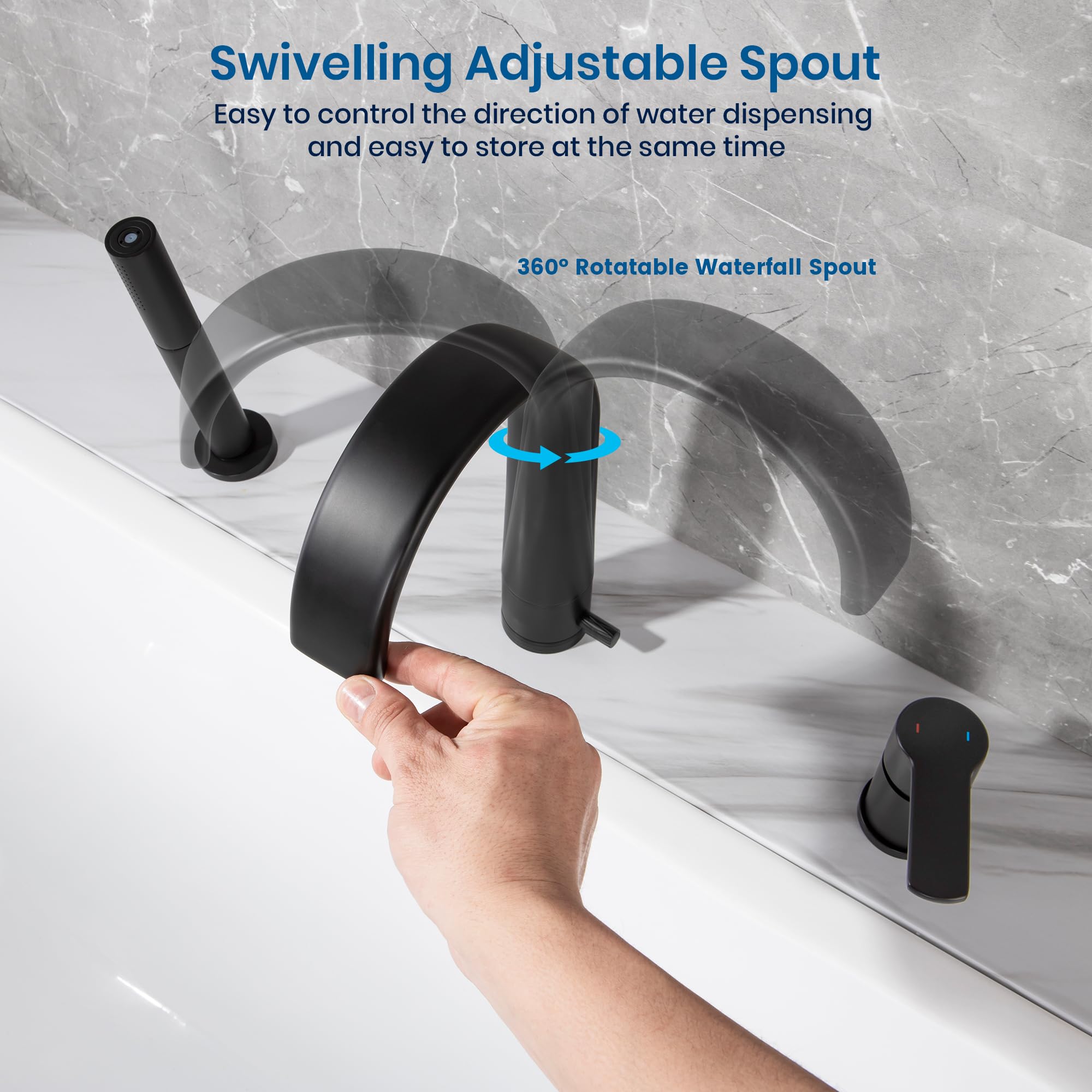 SKOWLL Roman Tub Faucet with Sprayer - Matte Black Deck Mount Bathtub Faucet Set with Handheld Shower & Waterfall Spout - Widespread Bathroom Faucet for Luxury Soaking Tubs (Perfect for Spa-Like Bathroom Upgrades & Relaxing Bubble Baths)