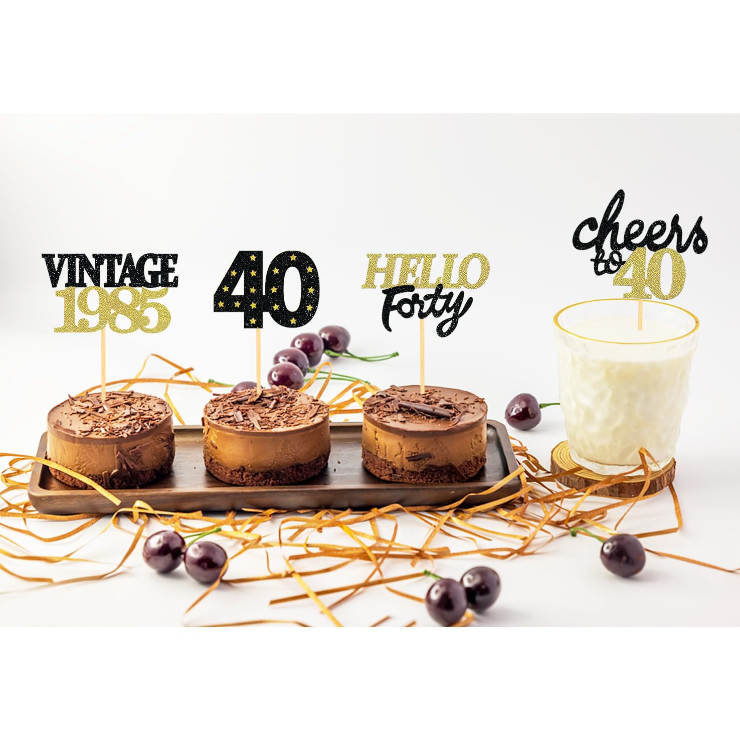 24 Pcs Black & Gold Glitter 40th Birthday Cupcake Toppers - Elegant 40th Anniversary Party Decorations for Women & Men - Perfect for Milestone Birthday Cakes, Desserts, and Celebration Events