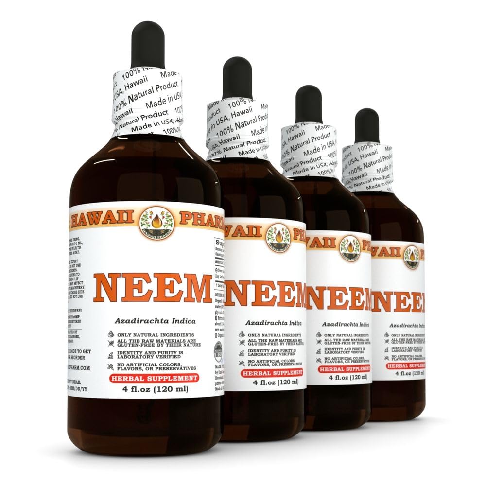 Organic Neem (Azadirachta Indica) Liquid Extract Tincture - 100% Pure Herbal Supplement by Hawaii Pharm - Made in USA - 4 fl oz Bottle (Pack of 4) - Supports Skin Health & Immune System - Perfect for Natural Remedies, Ayurvedic Practices & Holistic Wellness
