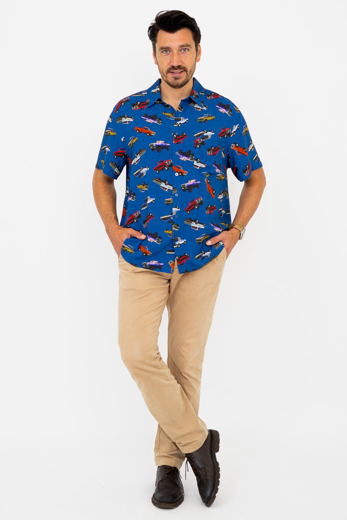 Dinosaur Print Shirt for Kids - Blue Truck Design, Soft Woven Bamboo Fabric - Perfect for Playdates, School & Outdoor Adventures