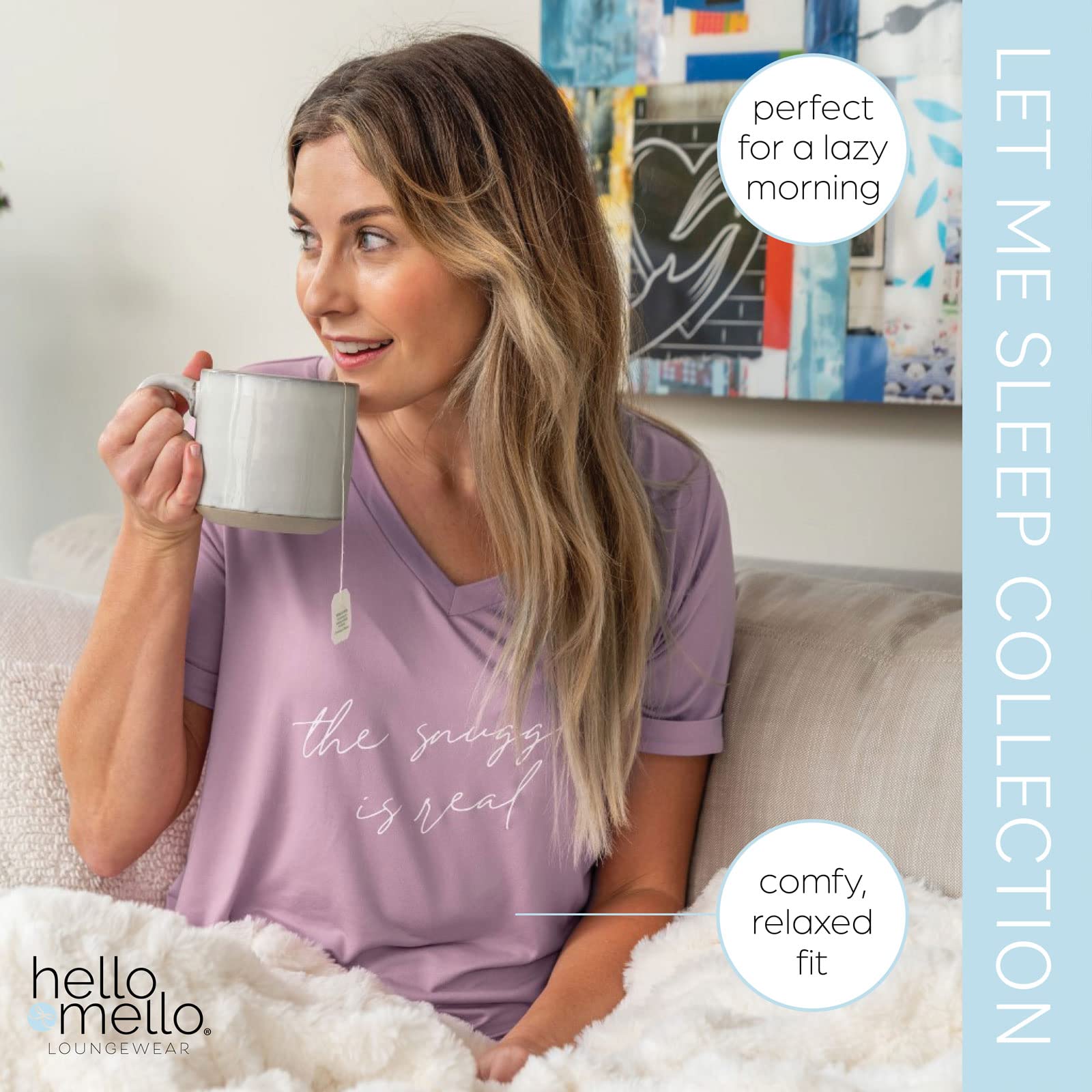 Hello Mello Women's Soft V-Neck Sleep Shirt - Comfortable Nightwear for Relaxing at Home & Lounging