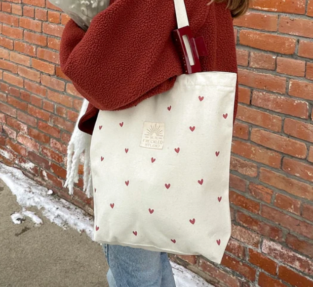 Heart Print Canvas Zipper Tote Bag with Pockets & Key Leash - Secure Closure Everyday Carry All for Women, Work, School & Travel