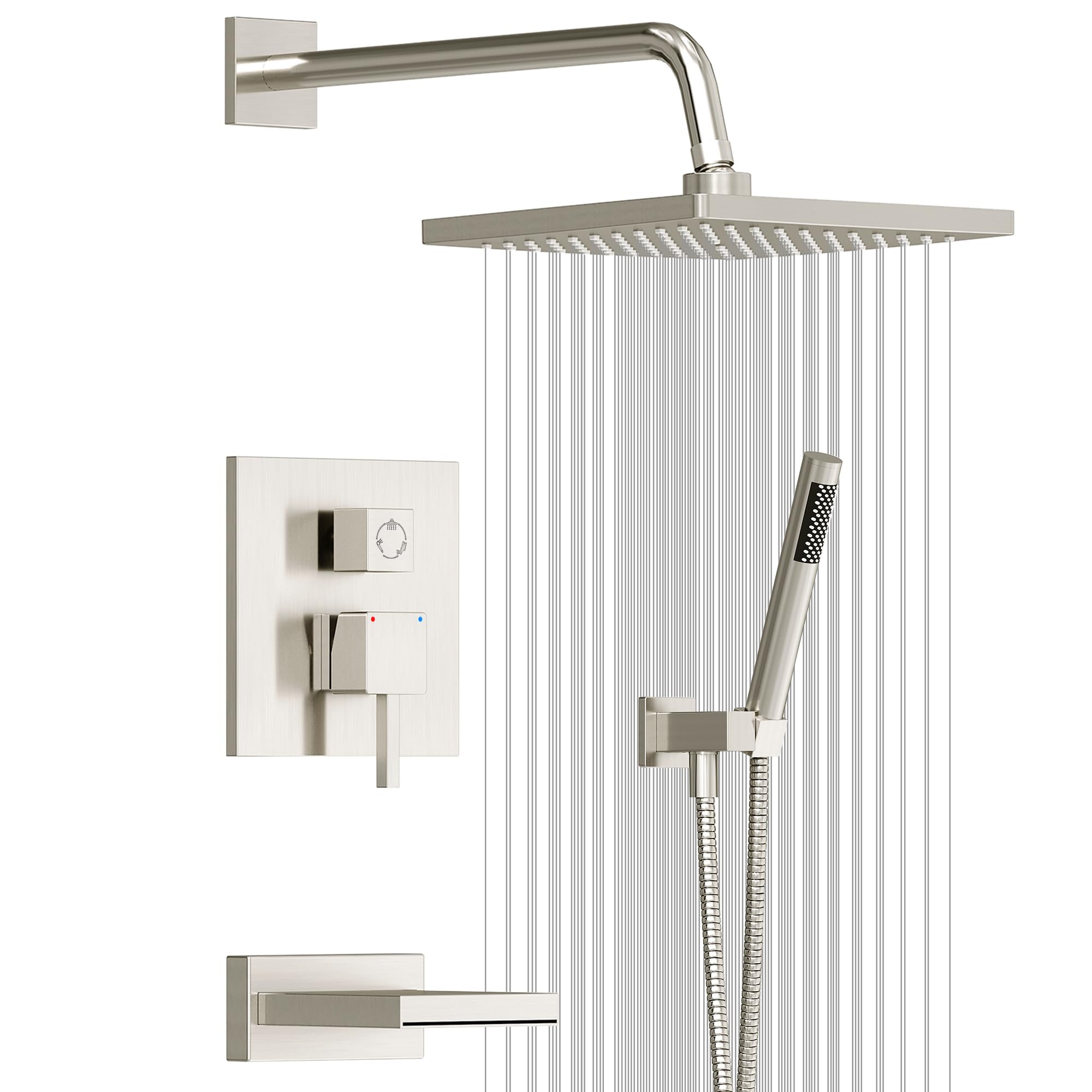 Esnbia 10 Inch Rain Shower Head and Handheld Shower Combo - Wall Mounted Bathtub Shower Faucet System with Tub Spout - High Pressure Shower Kit with Durable Brushed Nickel Finish - Perfect for Modern Bathrooms and Spa-Like Shower Experience