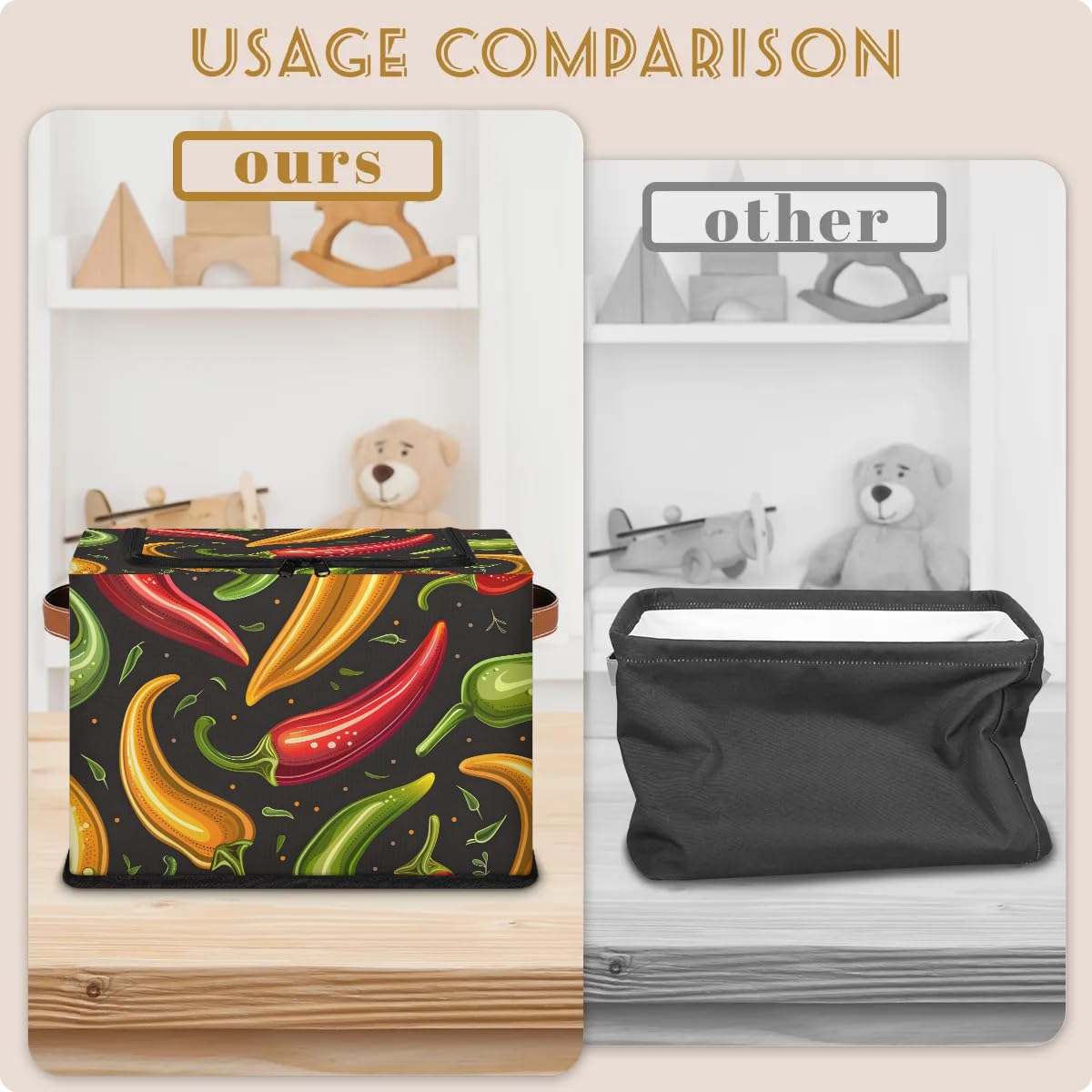 2-Pack Stackable Chili Pepper Vegetable Storage Bins with Zipper Lid & Metal Frame - PU Handled Closet Organizer Cubes for Clothes, Toys & Home Organization | Perfect for Bedroom, Closet & Pantry Storage