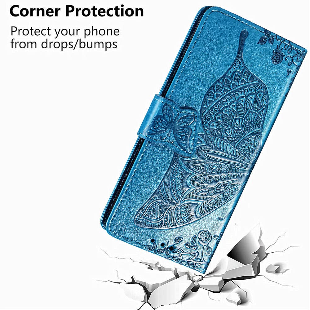 Premium PU Leather Samsung Galaxy S22 Case with Kickstand, Card Slots & Wrist Strap - Elegant Embossed Butterfly Flower Design for Samsung S22 (6.1 inch, A-Blue) | Perfect for Work, Travel & Everyday Protection