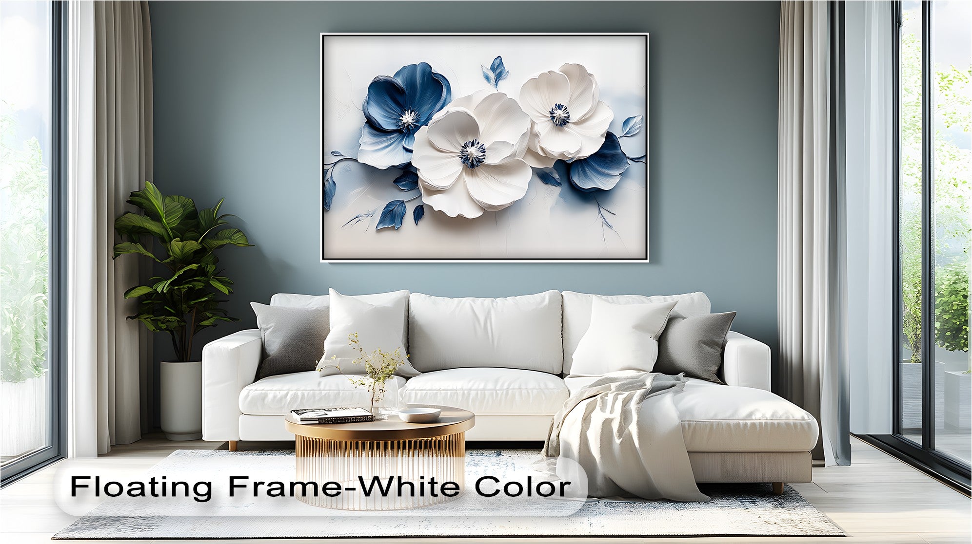 Blue Serenity Blooms Floral Canvas Wall Art - Navy & White Botanical Painting for Living Room, Bedroom Decor | Home & Office Wall Hanging