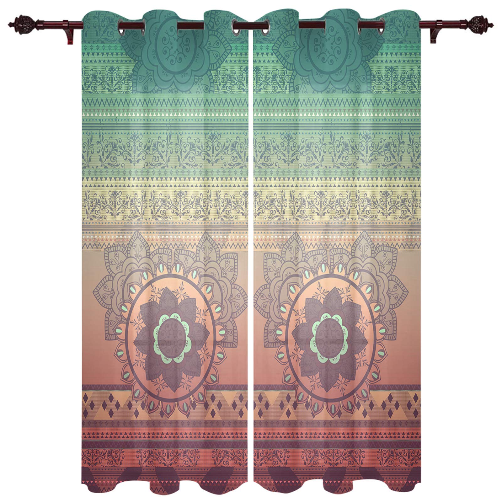 Bohemian Mandala Sheer Curtains - 2 Panels, 39 Inch Length, Grommet Top Window Treatments for Kitchen, Living Room, Bedroom & Patio | Light Filtering Tier Curtains for Sliding Glass Doors & Windows (Hippie Gypsy Style)