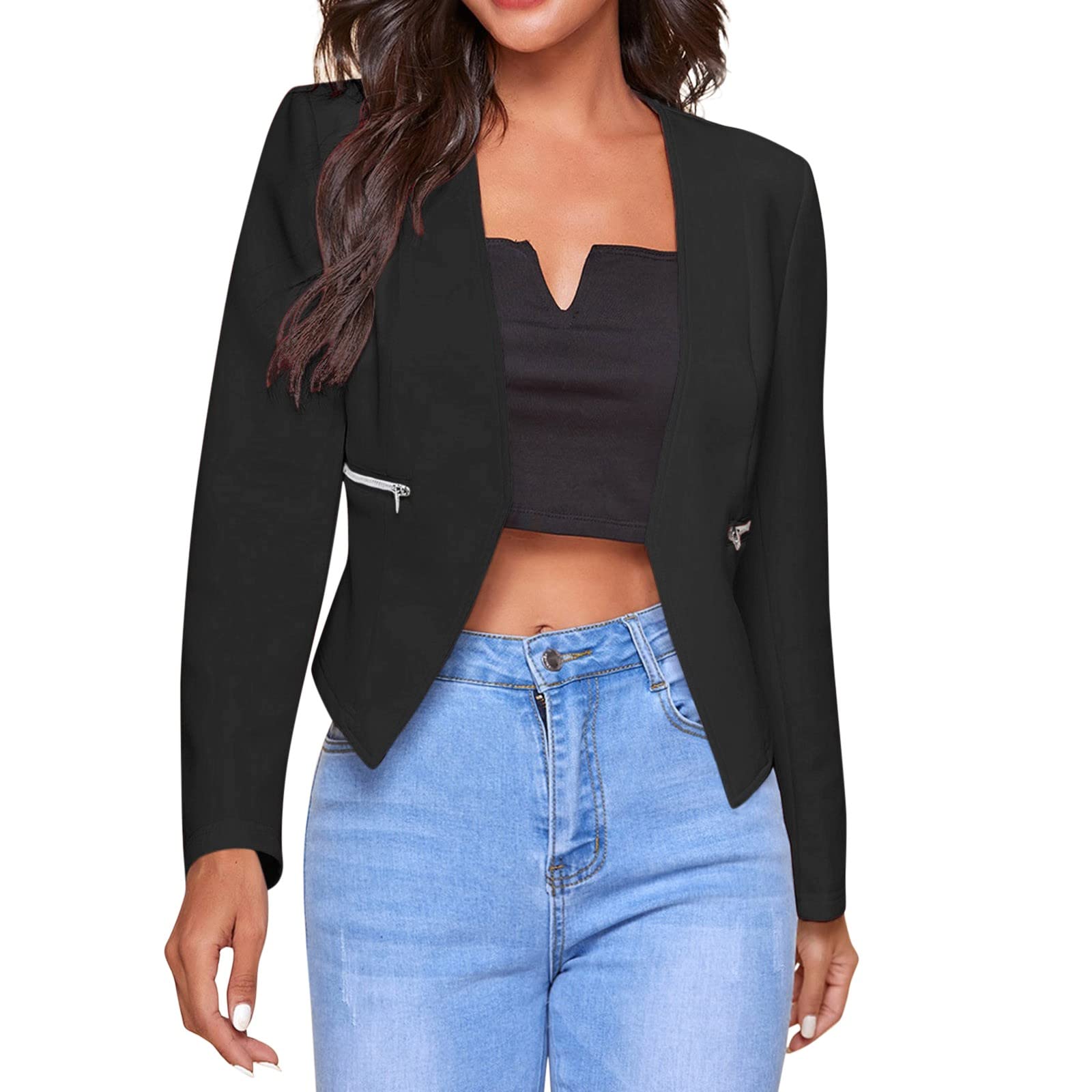 Plus Size Women's Spring Jacket - Elegant Casual Lightweight Thin Coat with Zipper Pockets | Solid Color Outerwear for Work, Dating & Outdoor Activities