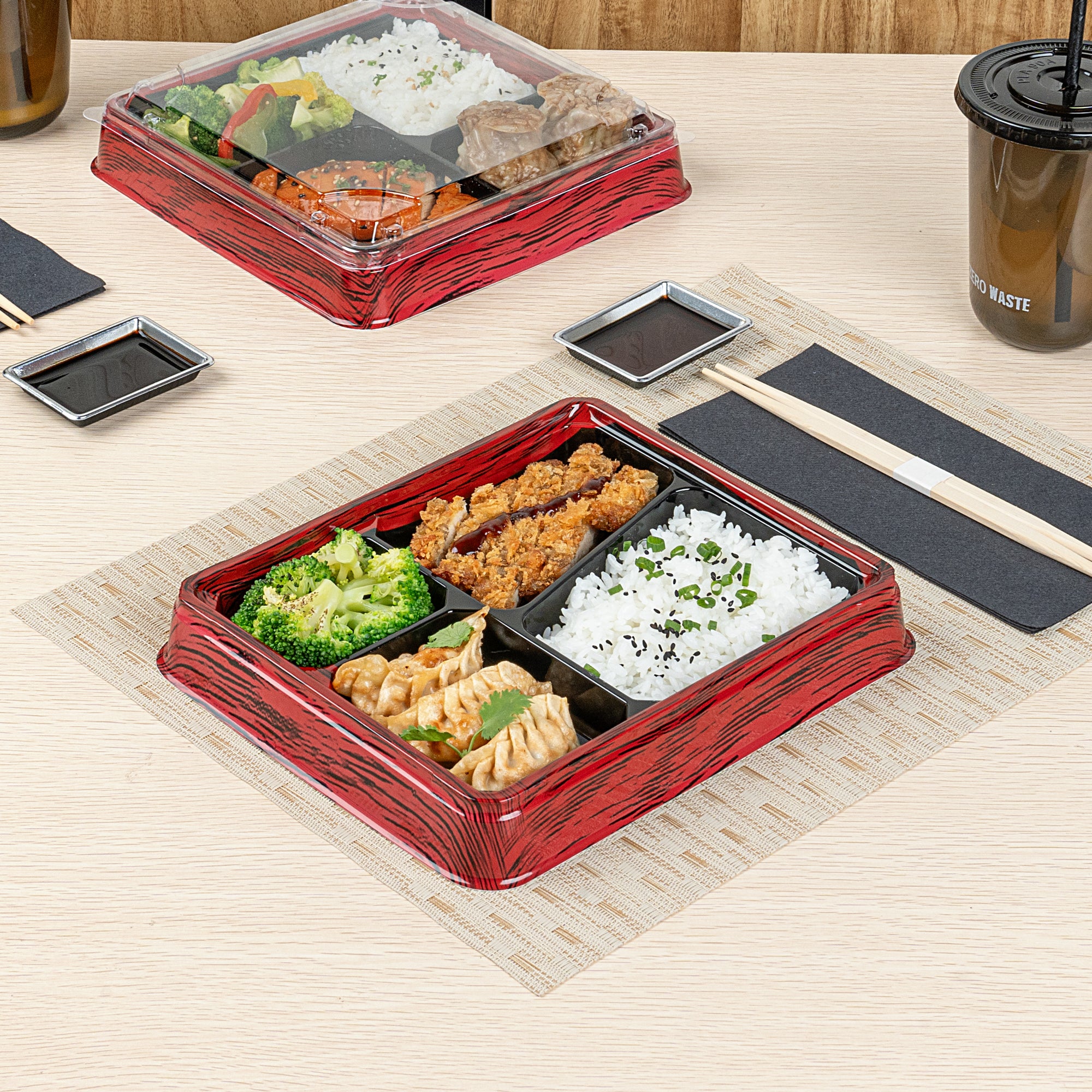 Bento Tek 19 oz Red & Black Plastic Bento Box with 4 Compartments - 9.25