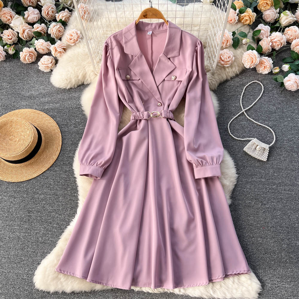 Elegant French Long Sleeve Midi Dress with Suit Collar - Women's Office Wear & Formal Occasion Outfit