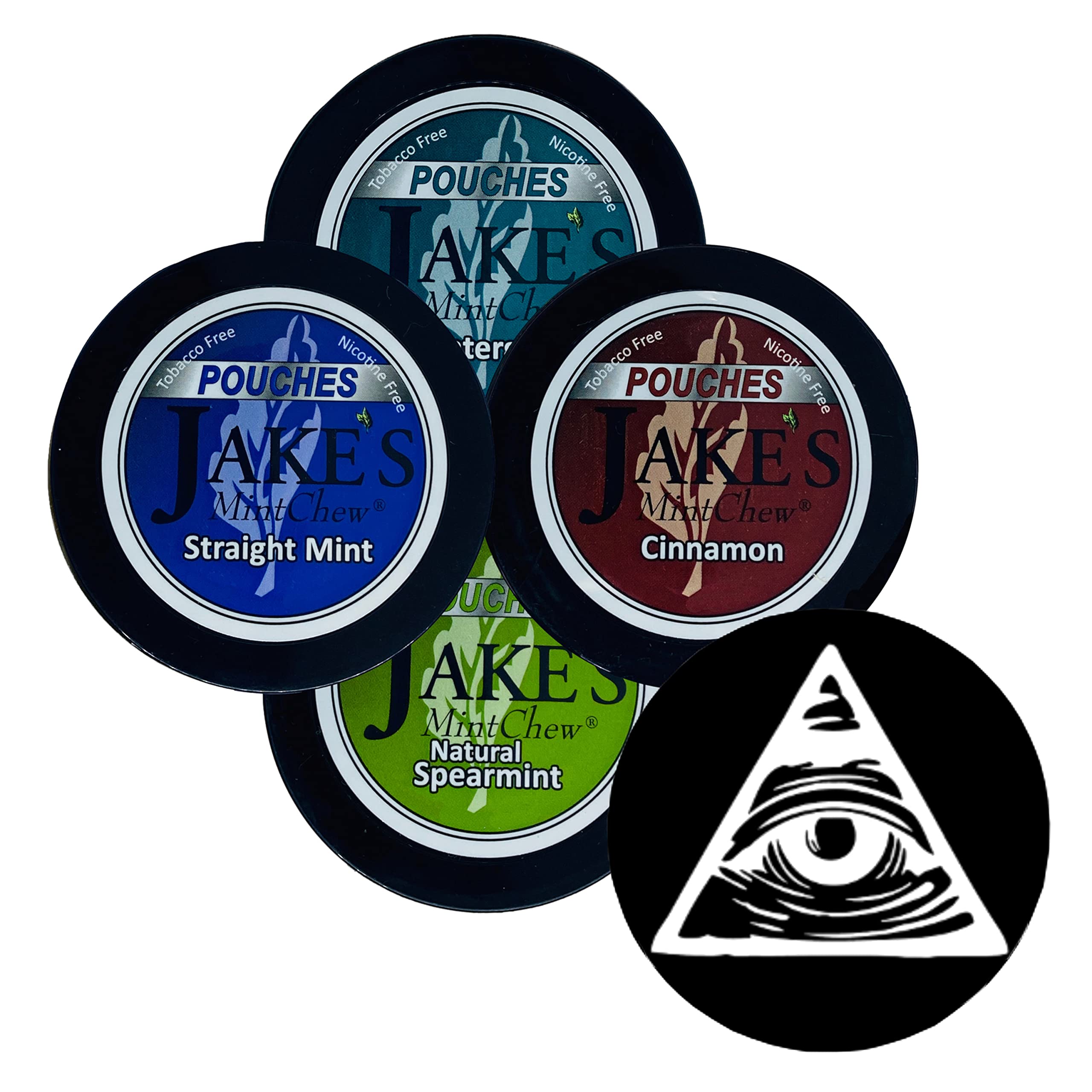 Jake's Mint Chew Minty Sampler Pouch - 4 Can Variety Pack with DC Crafts Nation Skin Can Cover (Illuminati Design) - Perfect for Gym, Work & Travel