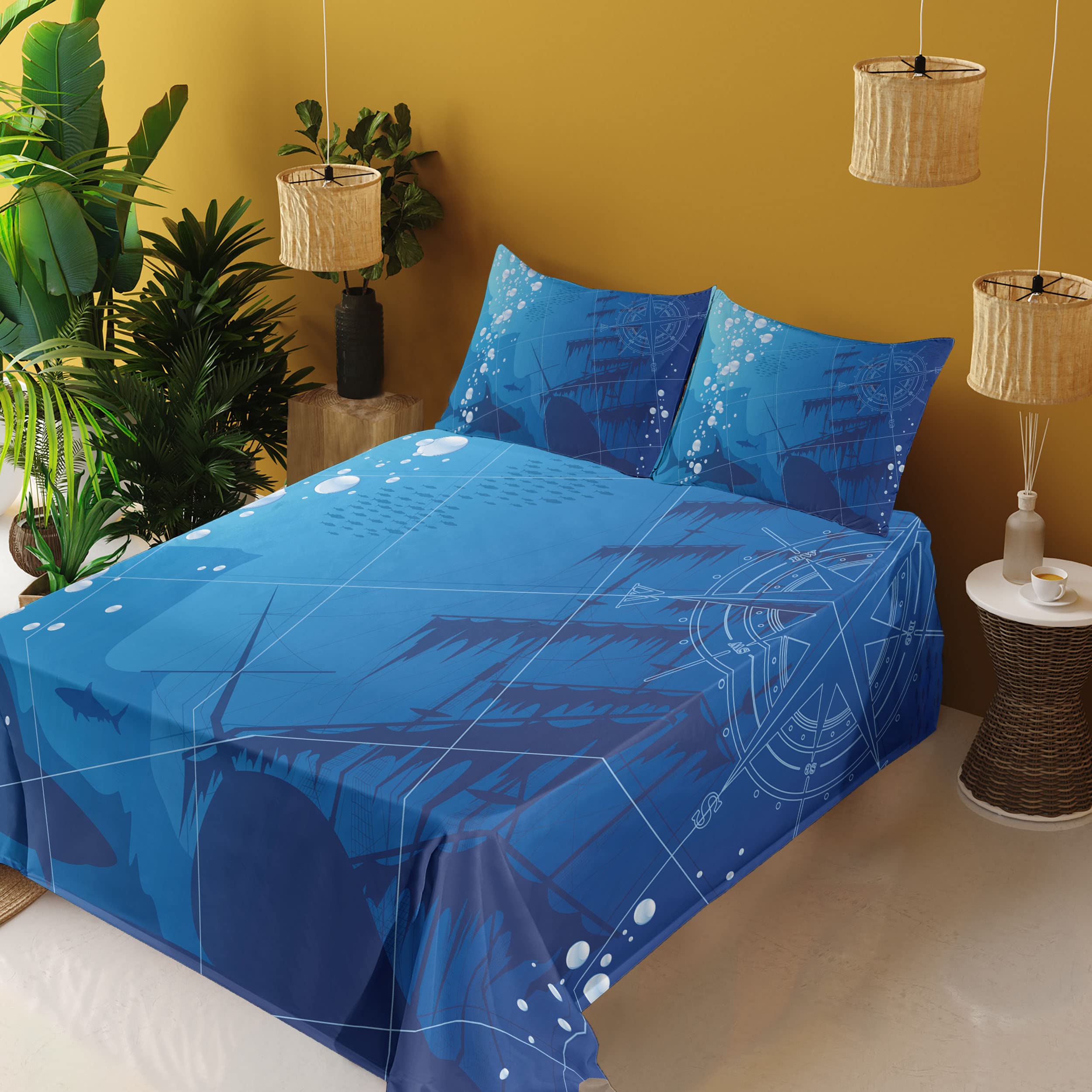Ambesonne Nautical Shark & Ship Compass Bed Sheet Set - 3 Piece Twin XL Blue White Underwater Theme Bedding with Fitted Sheet, Flat Sheet & Pillowcase - Perfect for Kids' Rooms, Beach Houses & Ocean Lover Decor