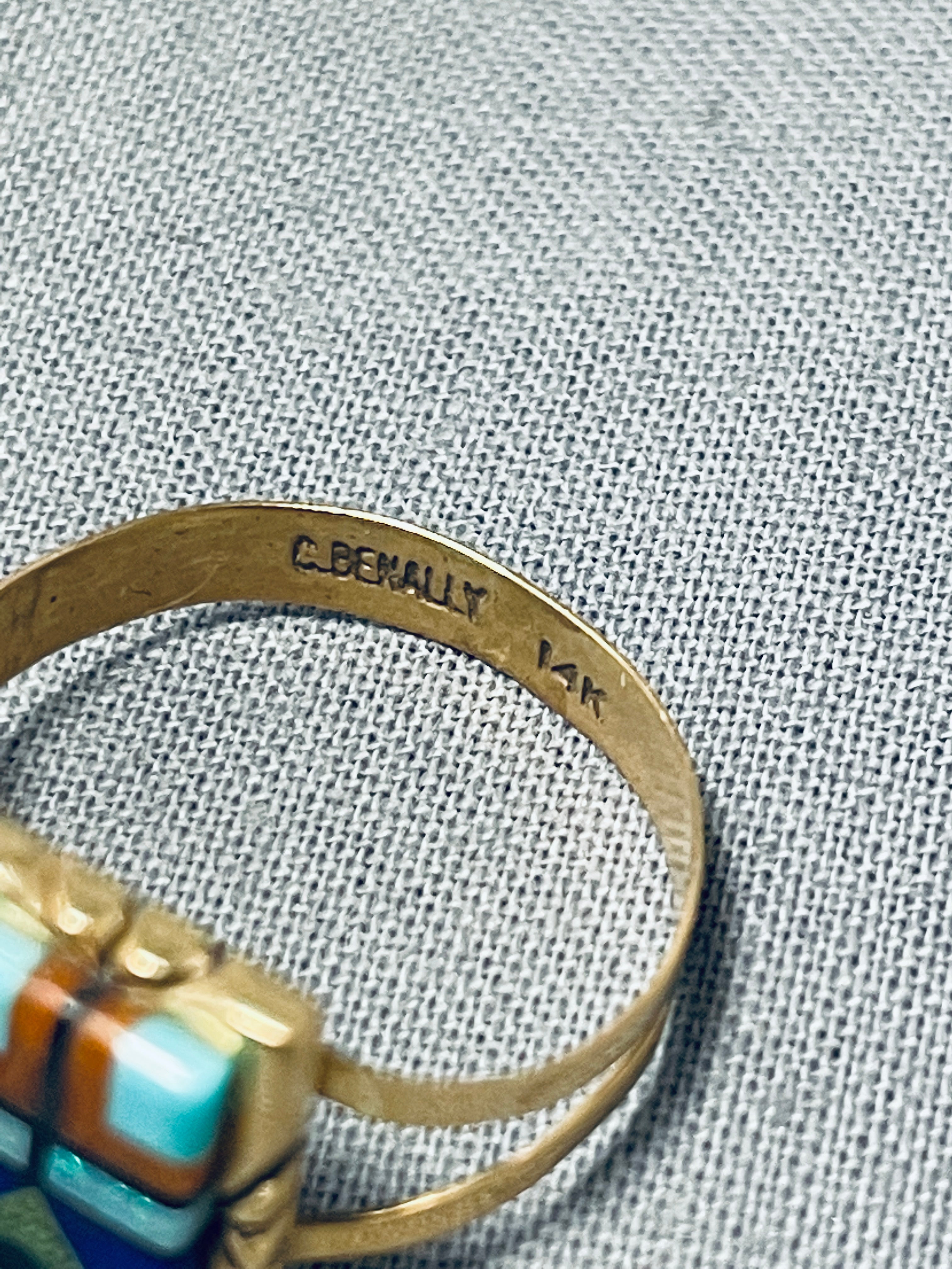 14K Gold Vintage Signed Navajo Turquoise Inlay Ring - Authentic Native American Jewelry for Women, Handmade Southwest Style, Perfect for Boho Fashion & Special Occasions