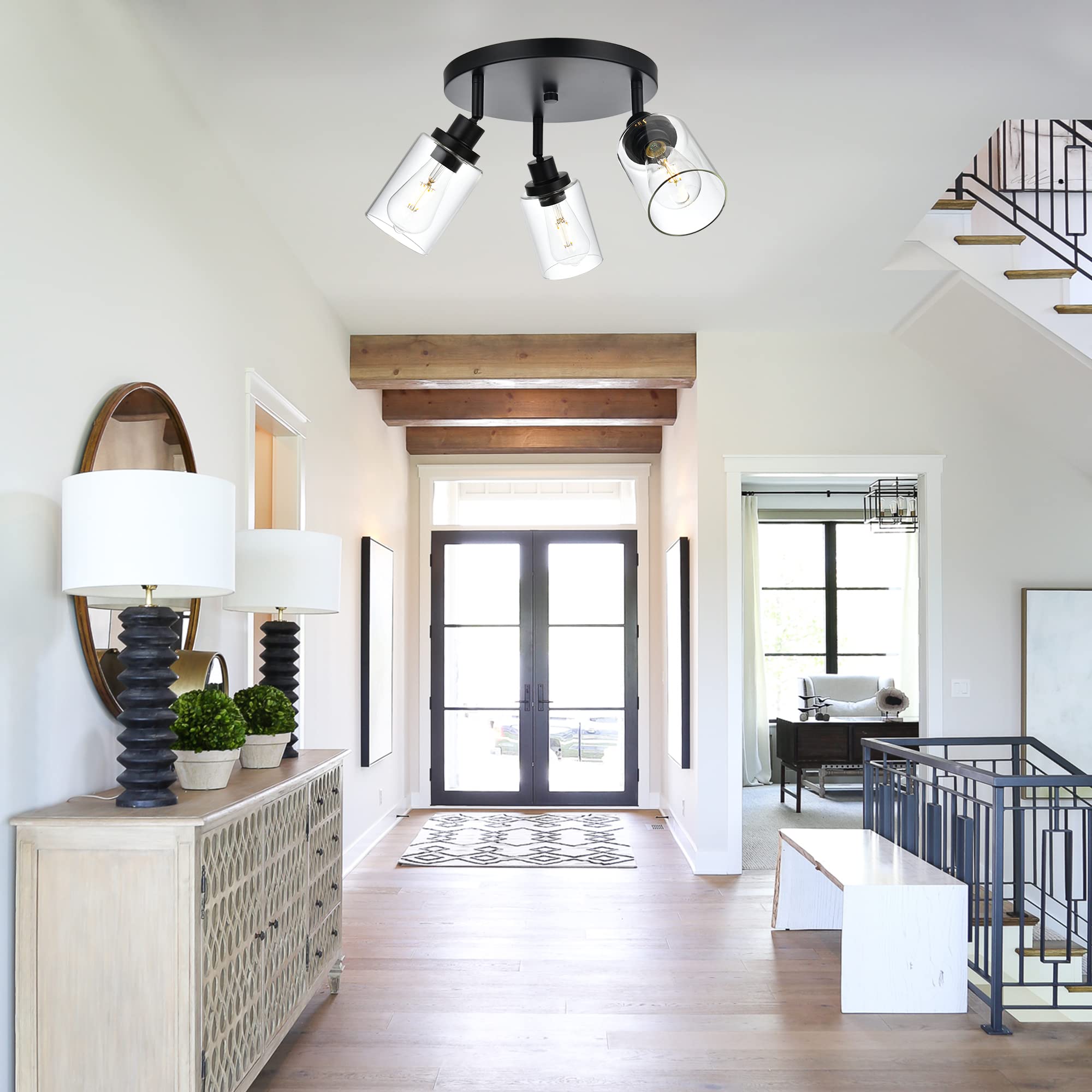 MELUCEE 3-Light Black Round Semi Flush Mount Track Lighting Fixture - Adjustable Directional Ceiling Light for Kitchen, Hallway, Foyer & Entryway | Modern Home & Commercial Lighting Solution