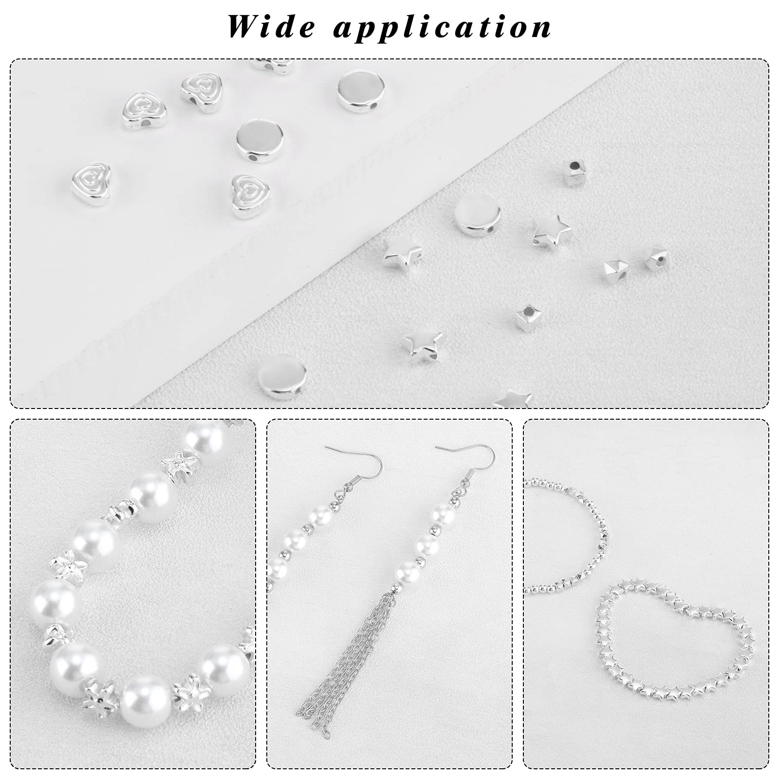 Hicarer 1200-Piece Spacer Beads Set - Star, Round Ball, Rondelle, Faceted, Heart, Flower & Flat Disc Loose Beads for Jewelry Making - DIY Bracelet Charms & Necklace Crafting (White Gold) - Perfect for Handmade Gifts & Beading Projects