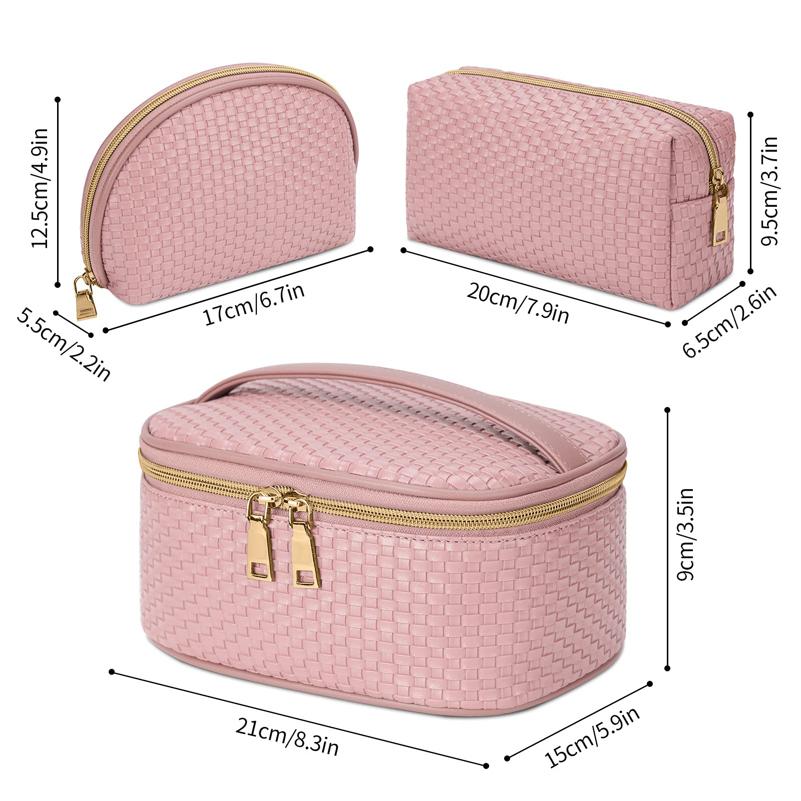 KTMOUW 3-Piece Waterproof Makeup Bag Set - Portable Travel Cosmetic Organizer with Multifunctional Storage | Pink Weave Toiletry Bags for Women | Perfect for Travel, Gym & Daily Beauty Essentials