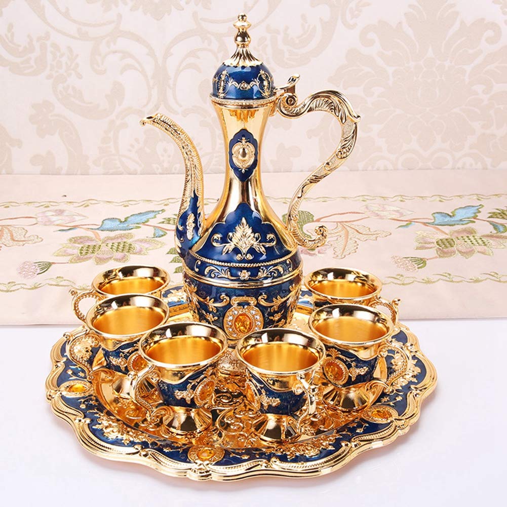 Vintage Turkish Tea Set with Gold Coffee Pot & 6 Cups - Elegant Metal Tea Set with Tray for Home, Bar, Tea Party, Wedding Gift - Perfect for Turkish Coffee Ceremonies & Afternoon Tea Gatherings