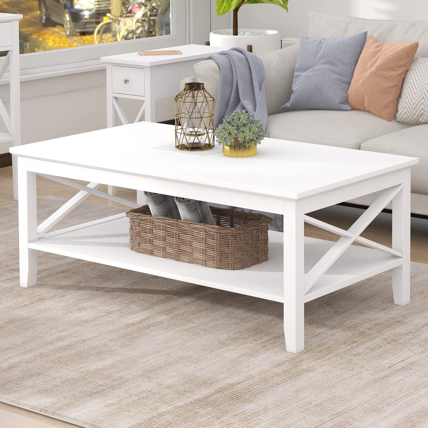 ChooChoo White Coffee Table - Classic X Design Modern Rectangular Cocktail Table with Storage Shelf, 39 Inch - Perfect for Living Room, Lounge & Small Space Decor