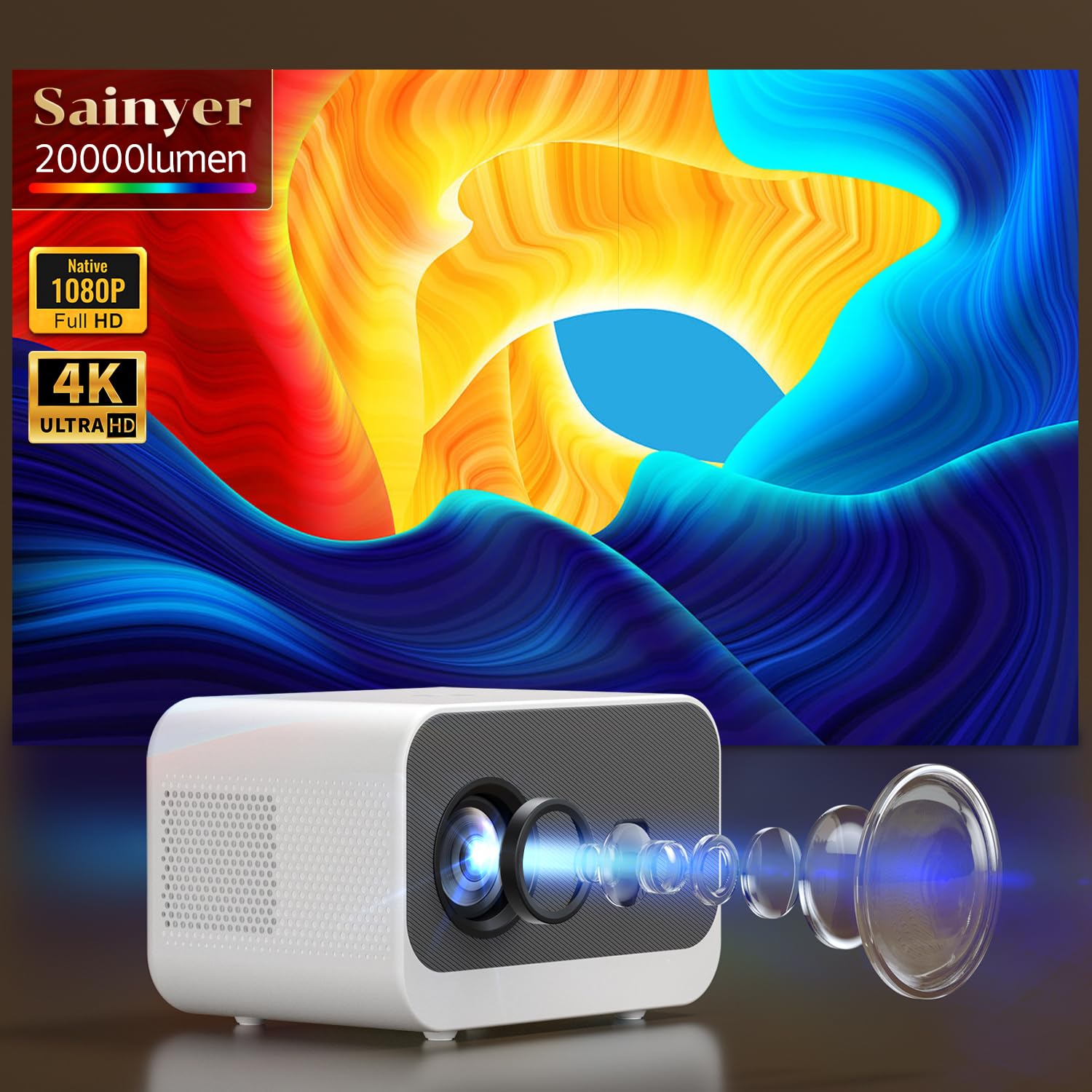 4K Mini Projector 20000lm with WiFi & Bluetooth - Native 1080P FHD Portable Outdoor Movie Projector up to 300
