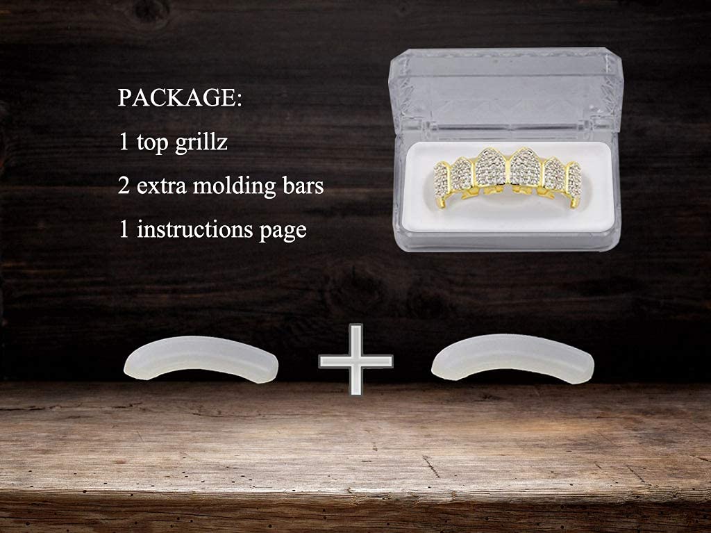 18K Gold Plated Iced Out CZ Grillz Set - Top & Bottom Fang Teeth Grillz for Men & Women | Hip Hop Jewelry, Rap Style Accessory for Parties & Performances
