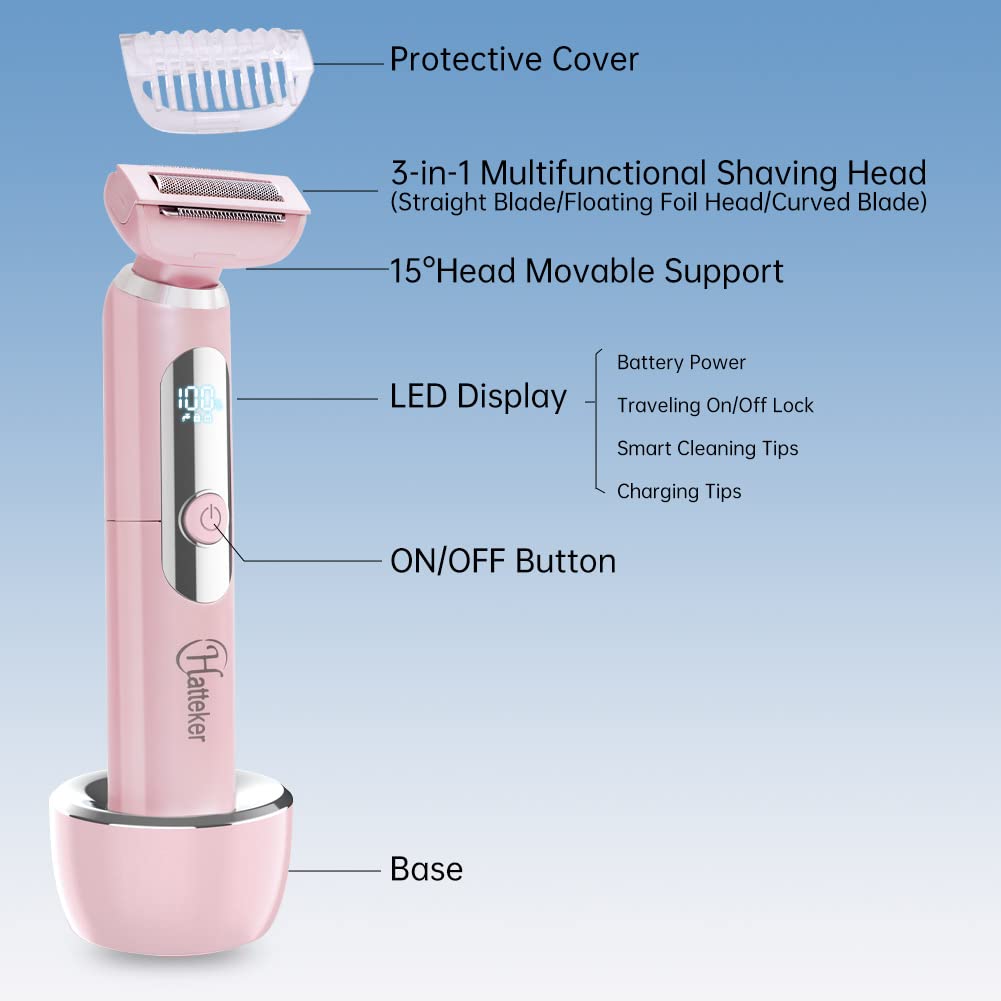 Hatteker Electric Lady Shaver Razor - Rechargeable Wet & Dry Waterproof Women's Bikini Trimmer for Legs, Underarms & Pubic Hair - Painless Hair Removal with Extendable Handle - Perfect for Travel, Gym & Home Use