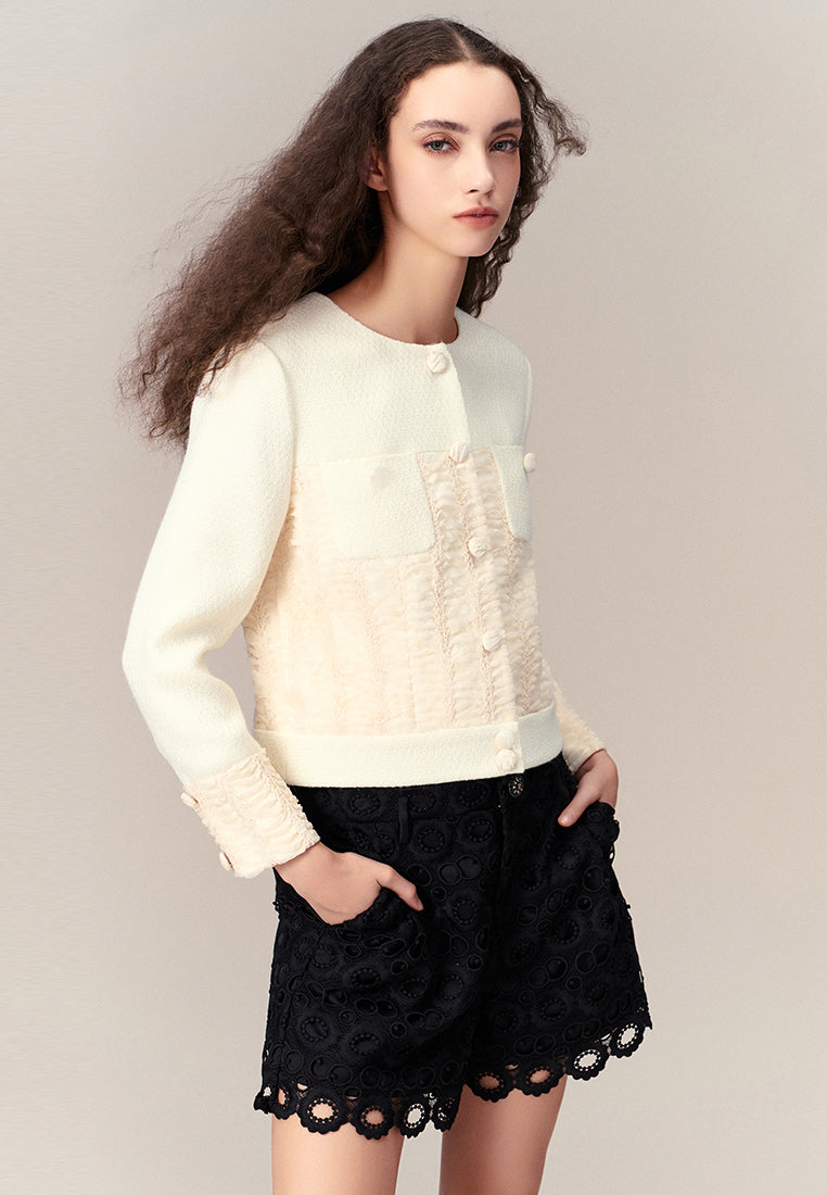 Stylish Crease Detail Patchwork Long Sleeve Jacket for Women - Perfect for Fall Layering & Casual Outfits