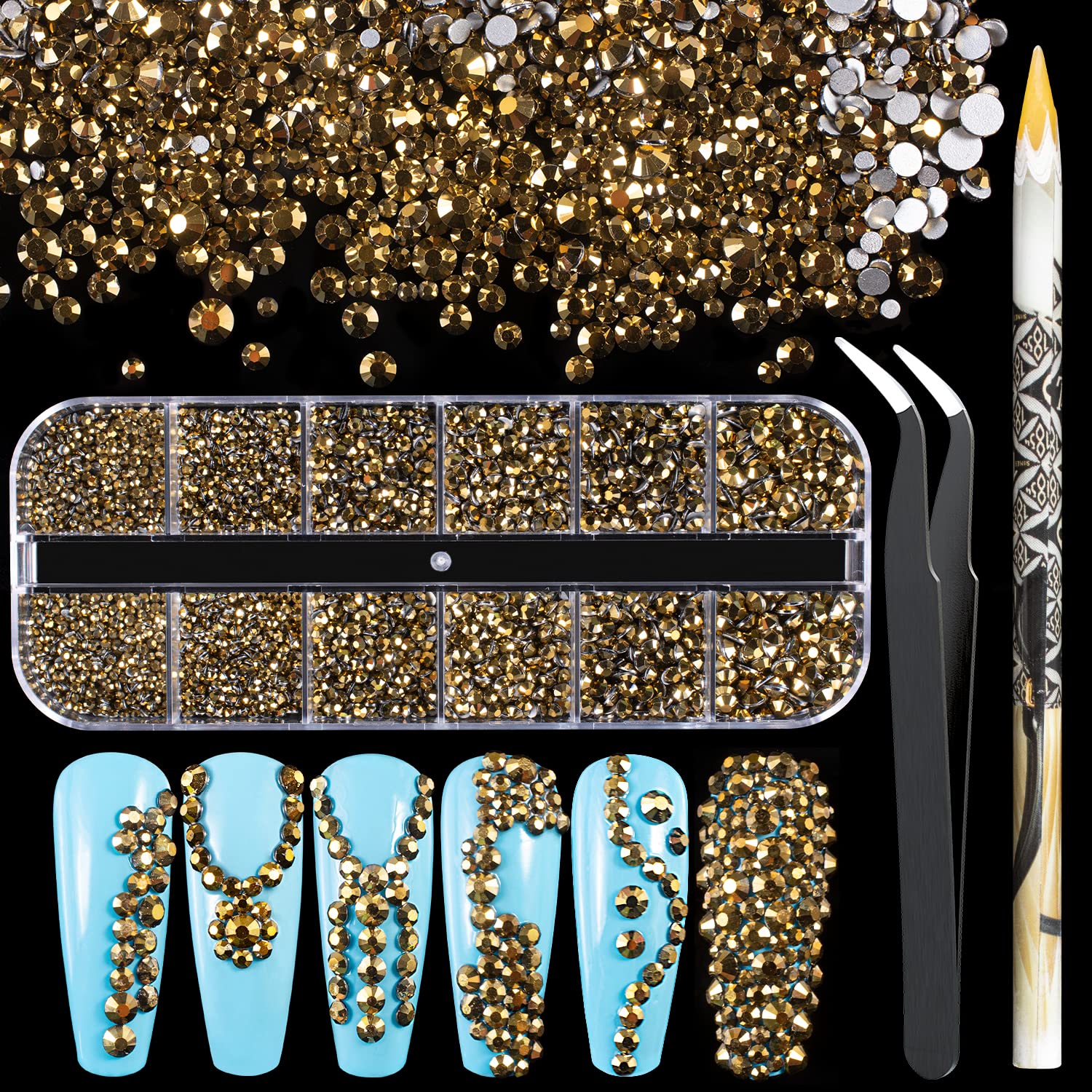 3600pcs Flatback Glass Rhinestones - 1.8mm/2mm/2.4mm/2.8mm/3mm/4mm Multi-Size Crystal Gems for Nail Art, Manicure, DIY Jewelry & Crafting - Includes Tweezer & Pickup Pencil - Perfect for Nail Salon, Home Decoration & Gift Making