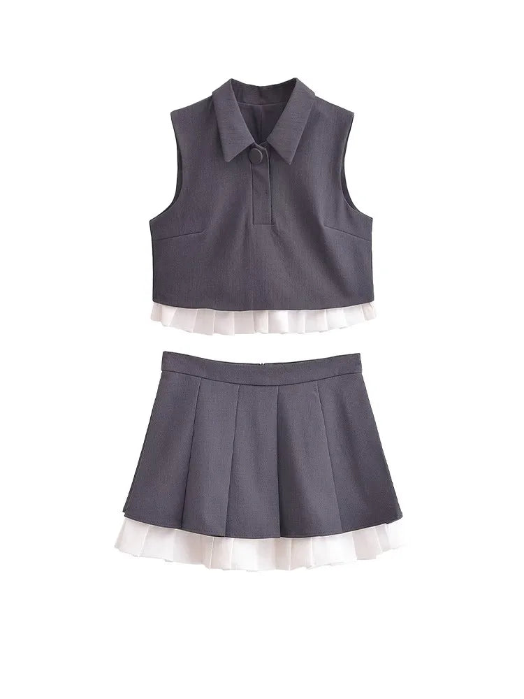 BlingBlingee Women's Summer Sleeveless Crop Top & Pleated Mini Skirt Set - Y2K Grey Patchwork Outfit for Casual Wear, Beach Vacation & Street Style Fashion