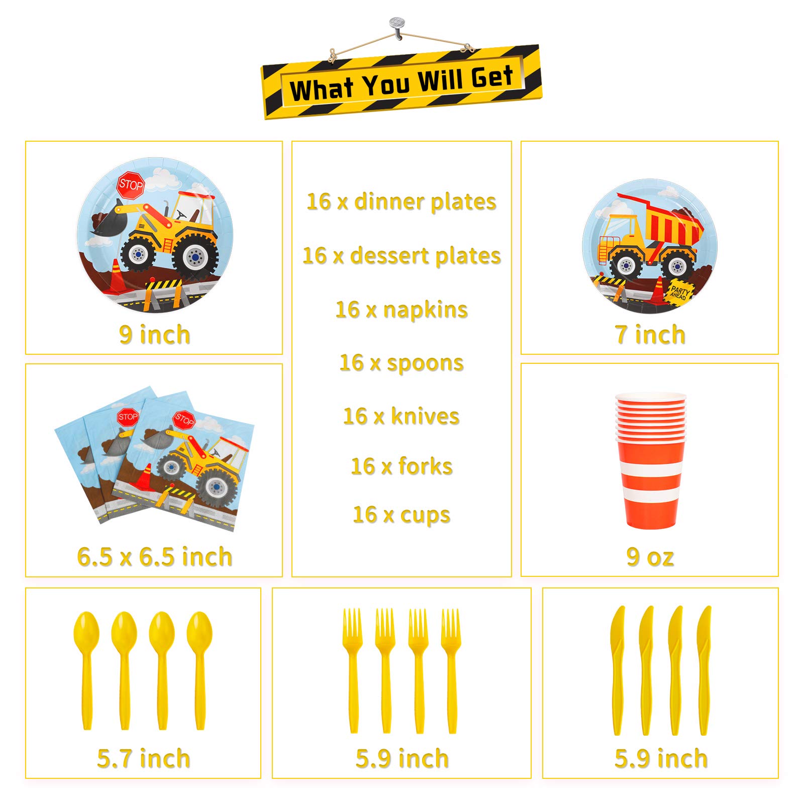 DECORLIFE Construction Theme Birthday Party Supplies Set - 112 Pieces (Plates, Cups, Napkins, Cutlery) for 16 Guests | Perfect for Boys' Construction-Themed Birthday Decorations & Kids' Construction Site Party Favors