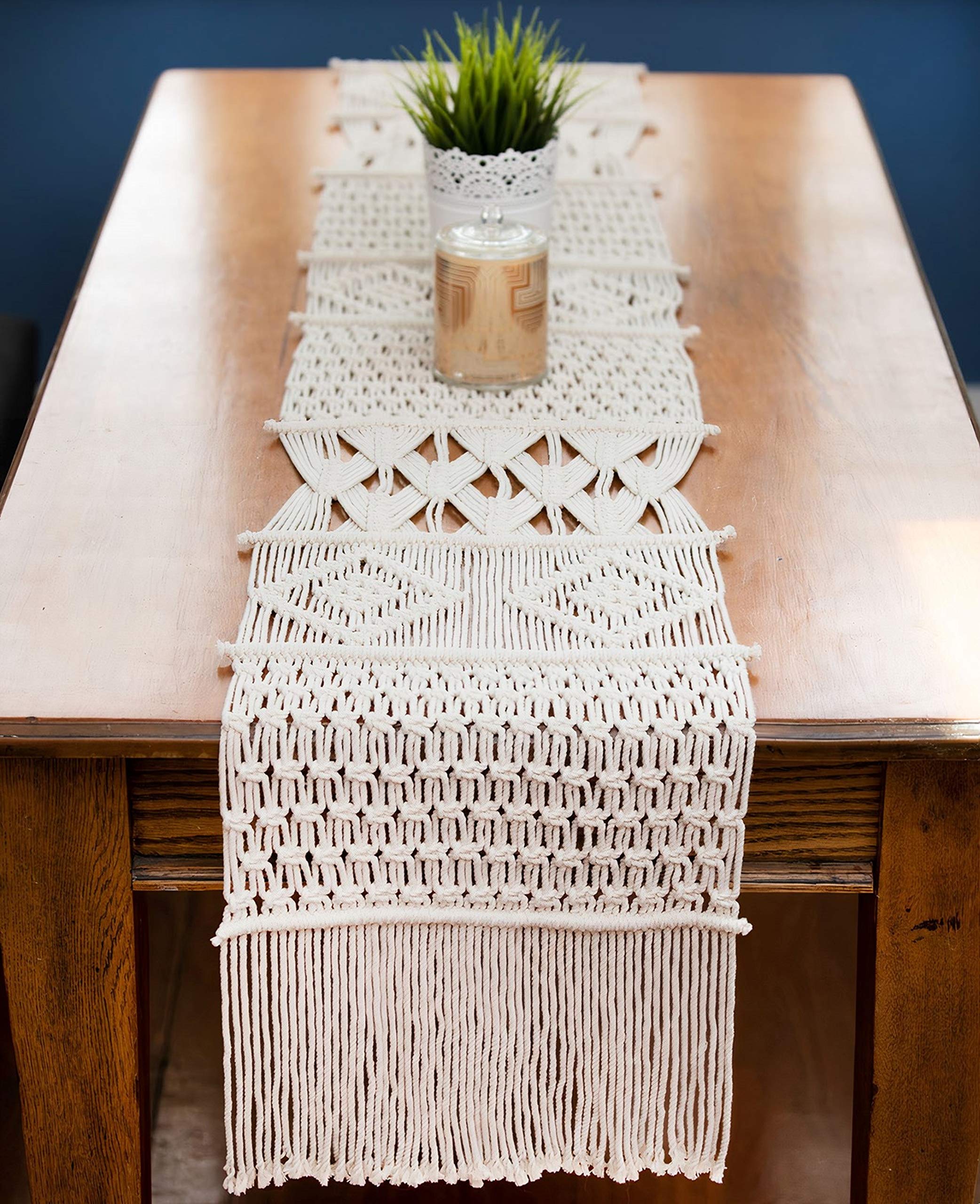 Handwoven Macrame Table Runner 86 x 13 Inches - Bohemian Decor for Dining Table, Coffee Table, Wedding & Home - Natural Off White Boho Tablecloth for Farmhouse, Rustic & Modern Interior Design