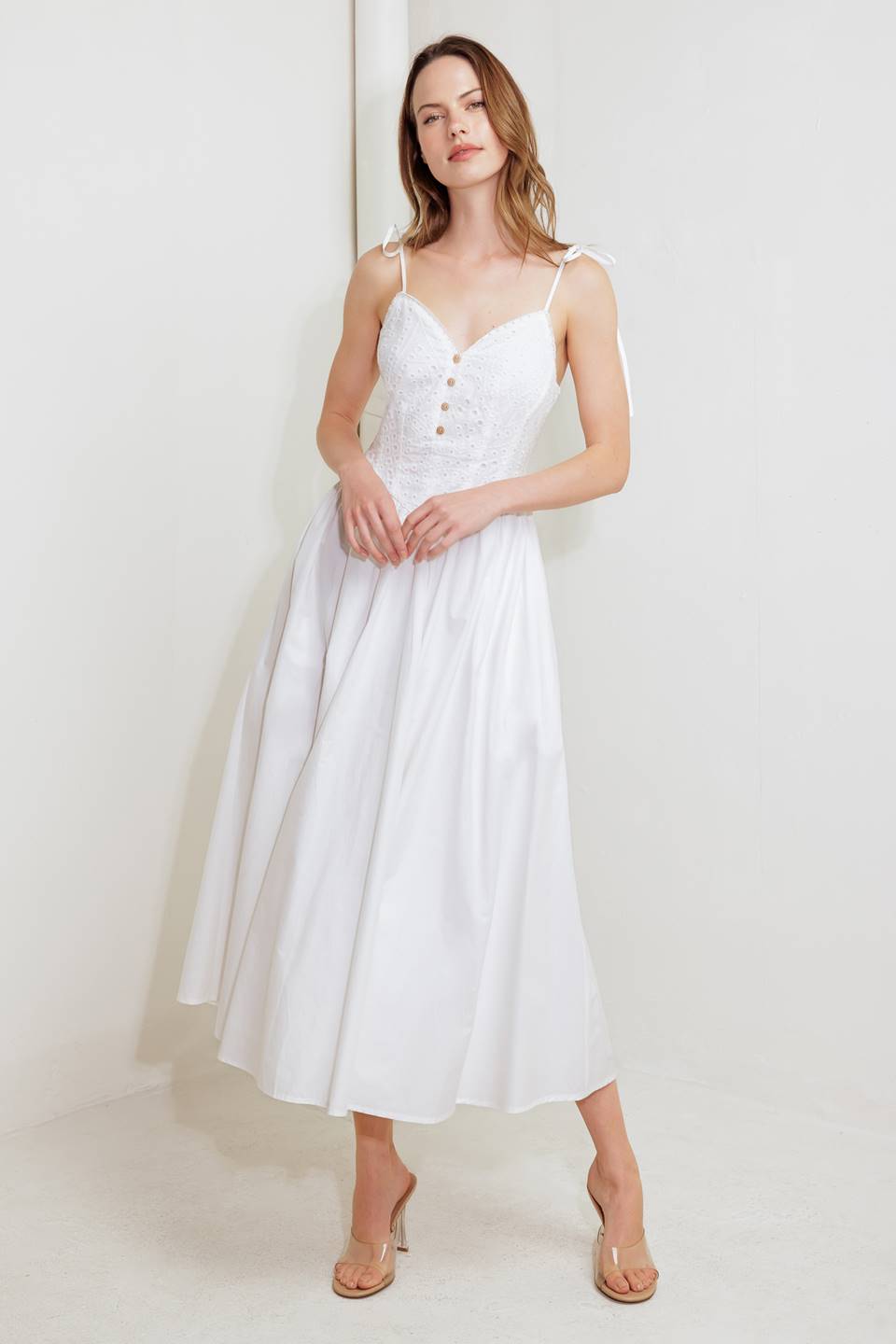 Isobelle White Eyelet Midi Dress - Floral Lace Summer Dress for Women, Perfect for Beach Vacations, Garden Parties & Date Nights