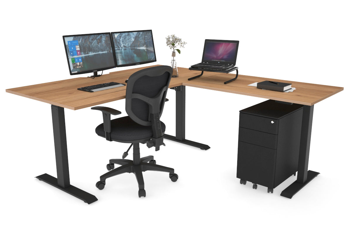Height Adjustable Corner Workstation with Black Frame - 1400L x 1550W, Cable Management Scallop | Ergonomic Home Office & Commercial Workspace Solution