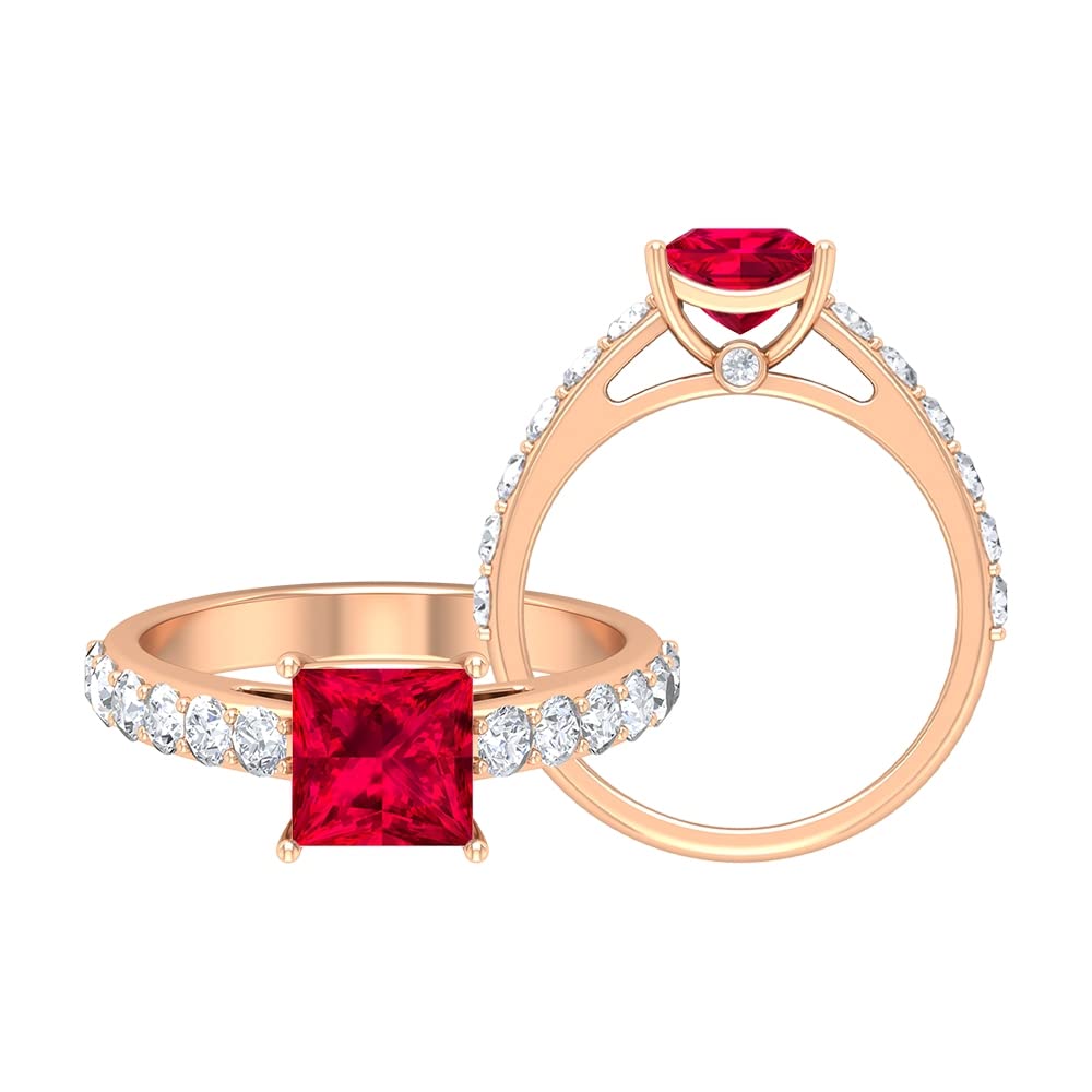 Lab Created Ruby Ring with Moissanite - 6.50mm Princess Cut Created Ruby & Side Stones - 14K Solid Gold Women's Jewelry - Perfect for Engagement, Anniversary & Special Occasion Gifts