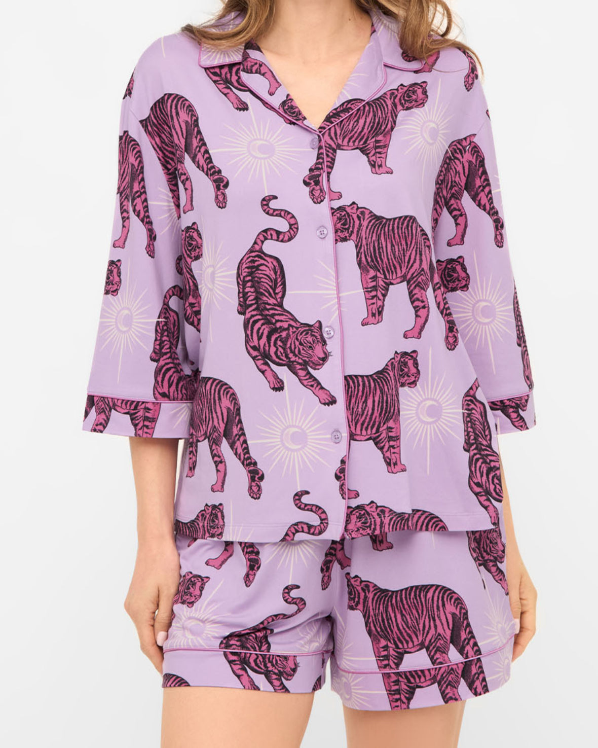 Mystic Tiger Print Short Pajama Set for Women - Soft & Comfortable Sleepwear - Perfect for Summer Nights, Lounging & Travel