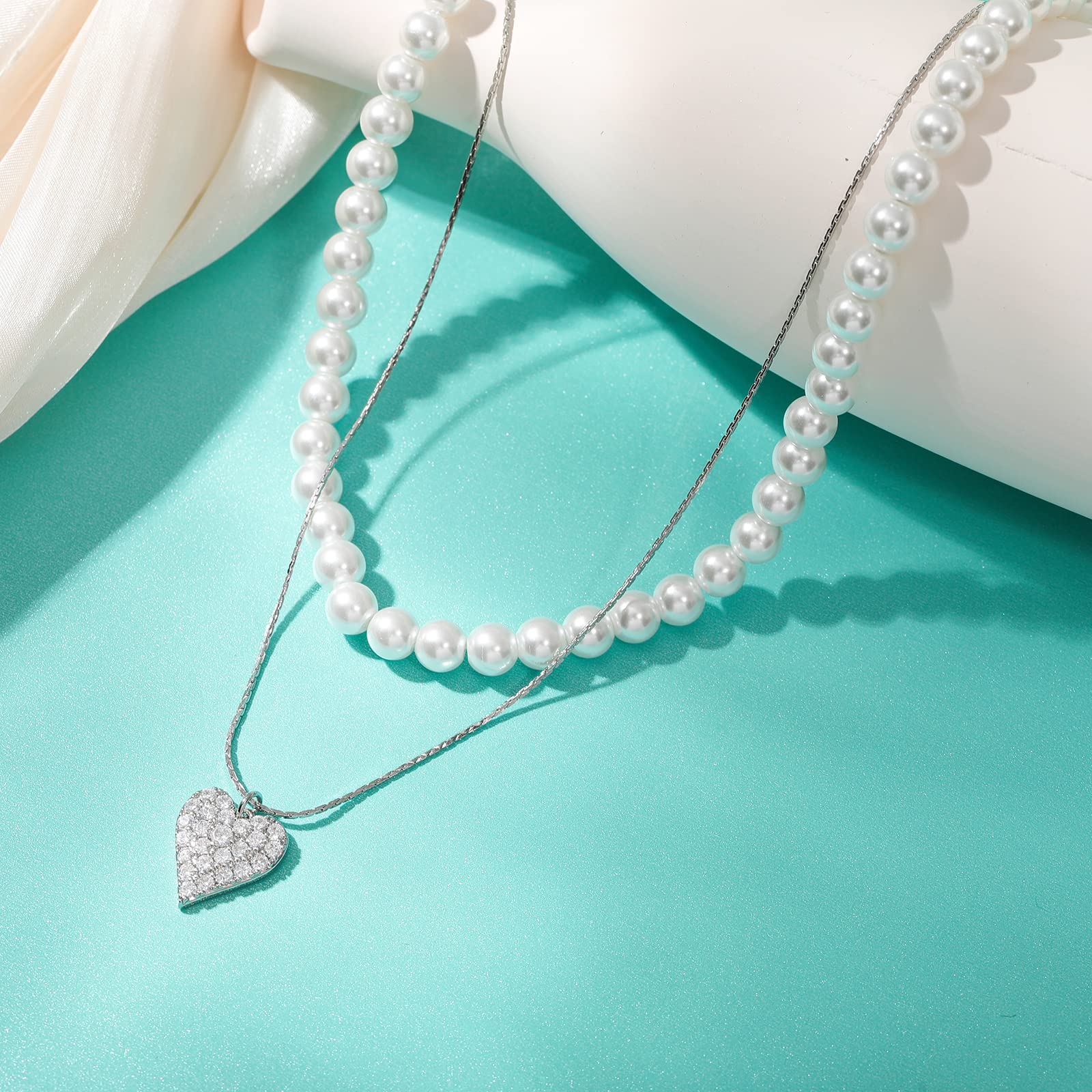 Layered Pearl Necklace for Women - 16K Gold Plated Love Zircon Pendant Choker, Elegant Dainty Jewelry for Wedding, Anniversary & Date Night Gifts