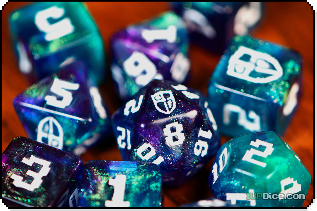 1UP Dice Polyhedral Set: Radiant Shield - 7-Piece RPG Dice for Dungeons & Dragons, Pathfinder, MTG - Perfect for Tabletop Gaming, D&D Campaigns & Collectors