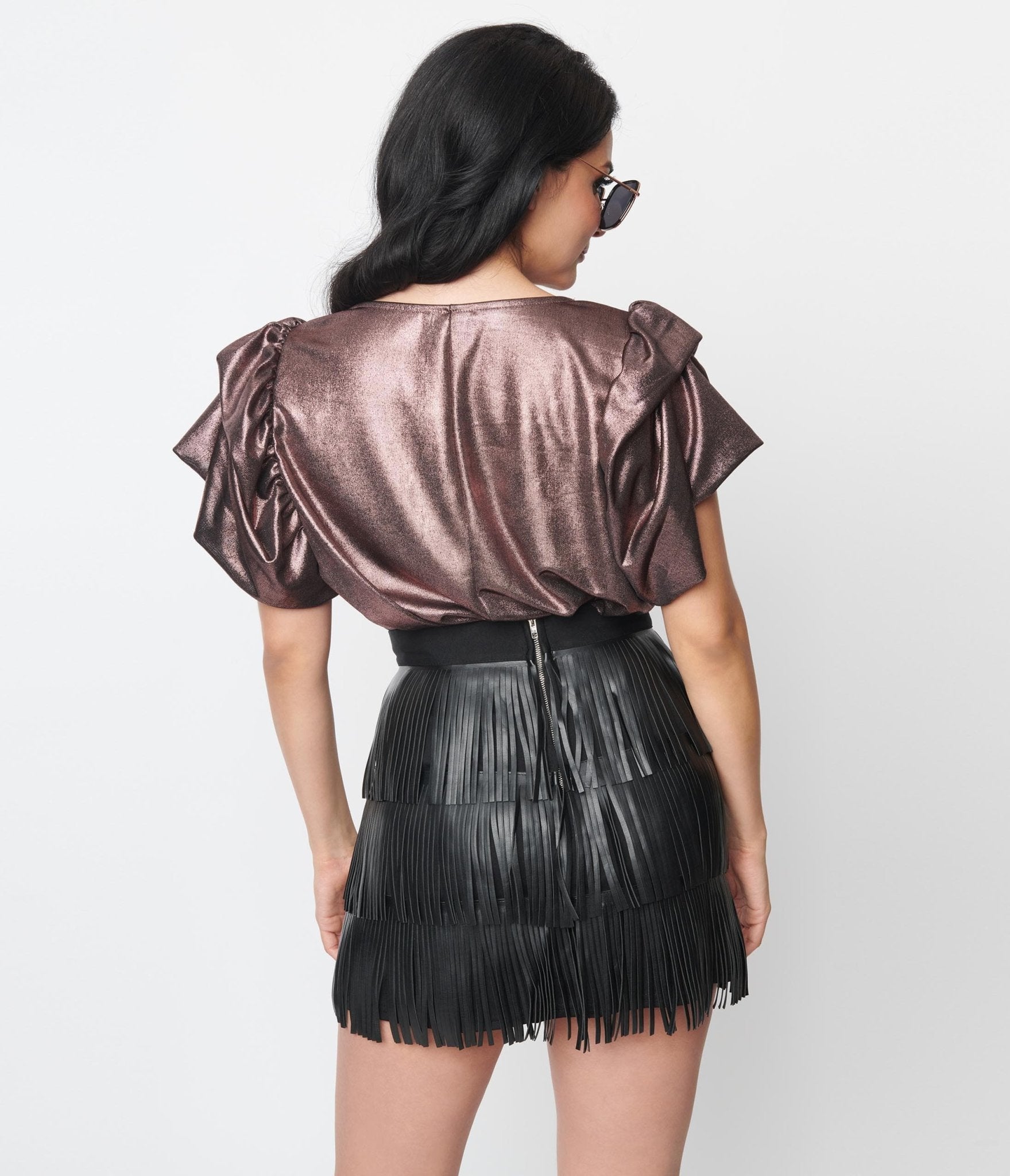 Elegant Purple Metallic Ruffle Blouse for Women - Trendy Party & Evening Wear - Perfect for Date Nights, Cocktail Events & Special Occasions