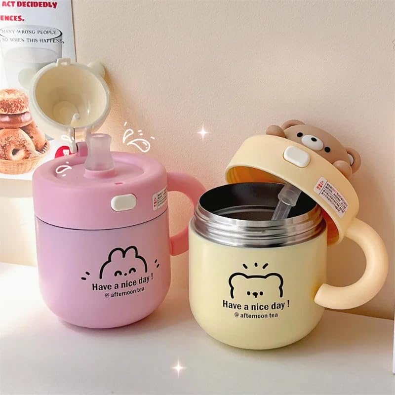 Cute Bunny Bear Stainless Steel Double Walled Vacuum Insulated 530ml Leak Proof Straw Tumbler with Lid - Insulated Coffee Mug for Hot & Cold Drinks, Perfect for Home, Office, Travel (Brown)