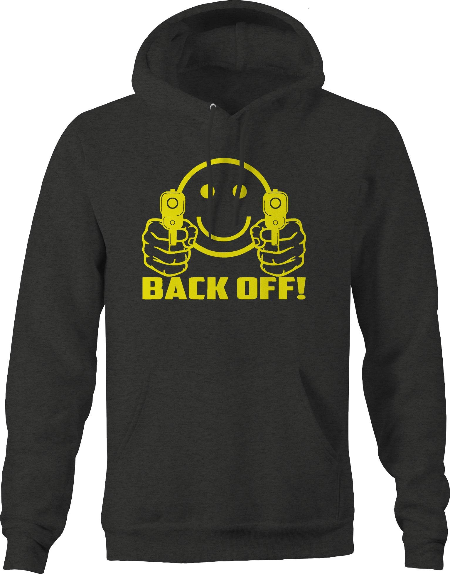 Smiley Face Back Off Guns Graphic Hoodie for Men - Dark Grey | Funny Streetwear Hooded Sweatshirt for Casual Wear & Gifts