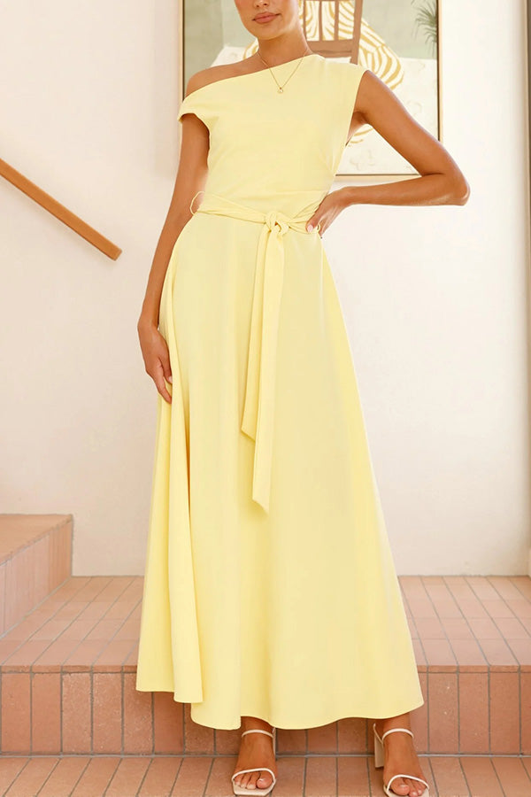 Elegant Solid Color Sloped Collar Slim Fit Waist Lace Up Maxi Dress for Women | Formal & Casual Occasions | Perfect for Weddings, Parties & Date Nights