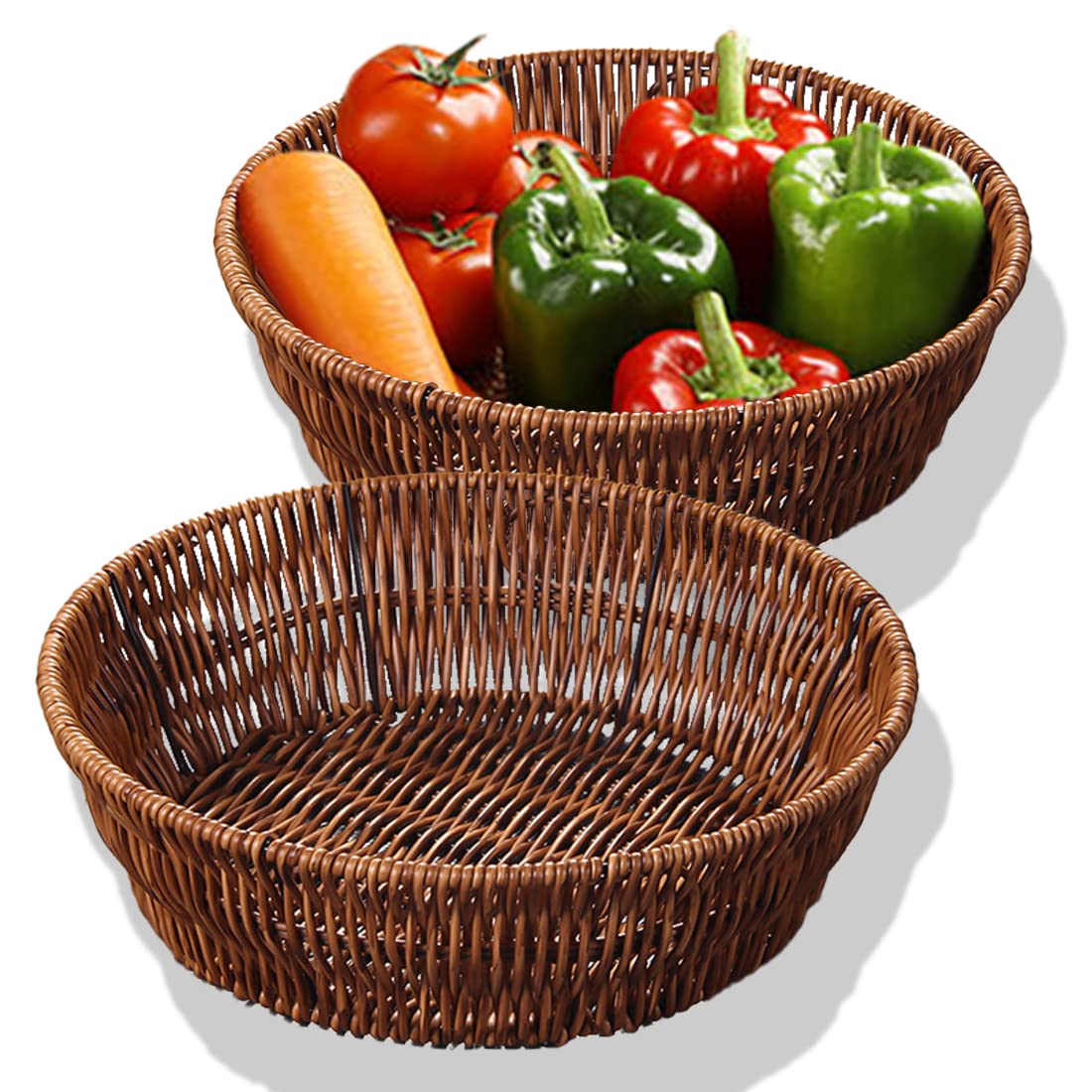 2-Pack Woven Bread Baskets - Imitation Rattan Fruit Basket & Food Serving Tray for Vegetables, Bread, Snacks (Medium, Round) - Perfect for Kitchen, Dining Table, Picnic, and Party Serving