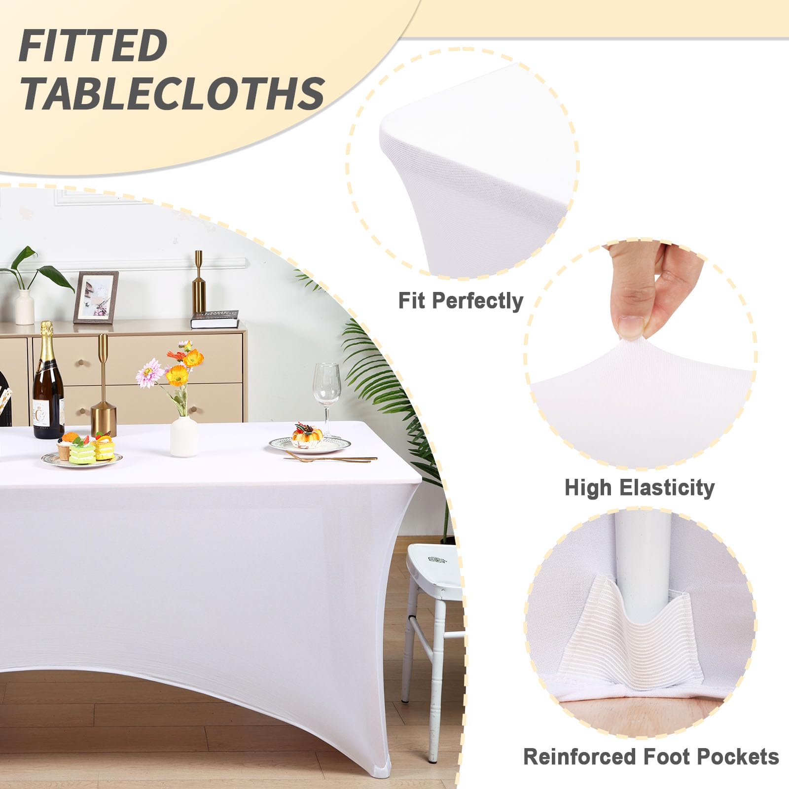 Fixwal 6 Pack White Rectangle Tablecloth Set - 6FT Stretchable Washable Table Cover (72x30x30 Inches) for Dining, Patio, Party & Outdoor Events