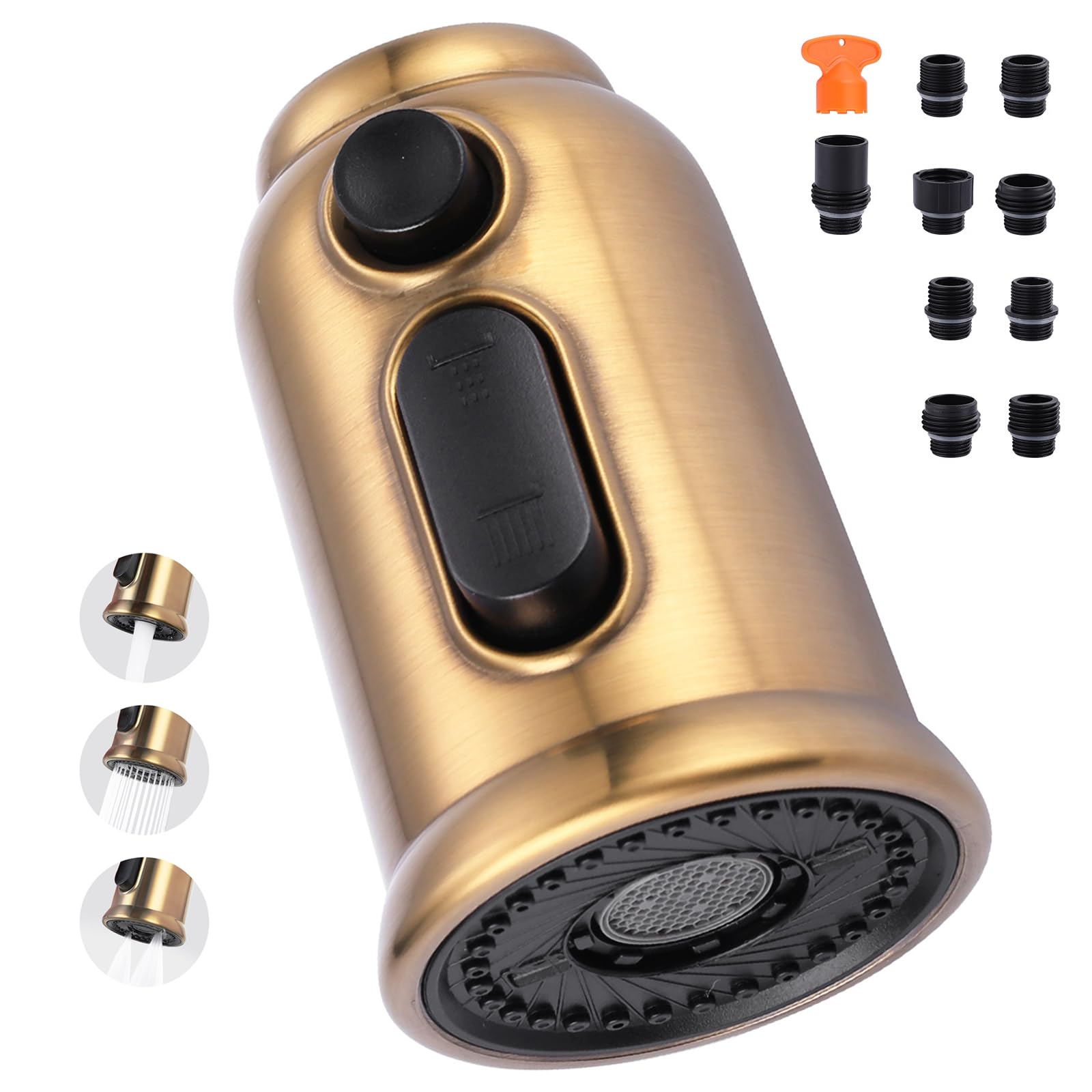 3-Function Pull Down Kitchen Faucet Spray Head Replacement with 9 Adapters - Brushed Gold Sink Nozzle Compatible with American Standard & Most Faucets | Perfect for Washing Dishes, Cleaning Sinks & Food Prep