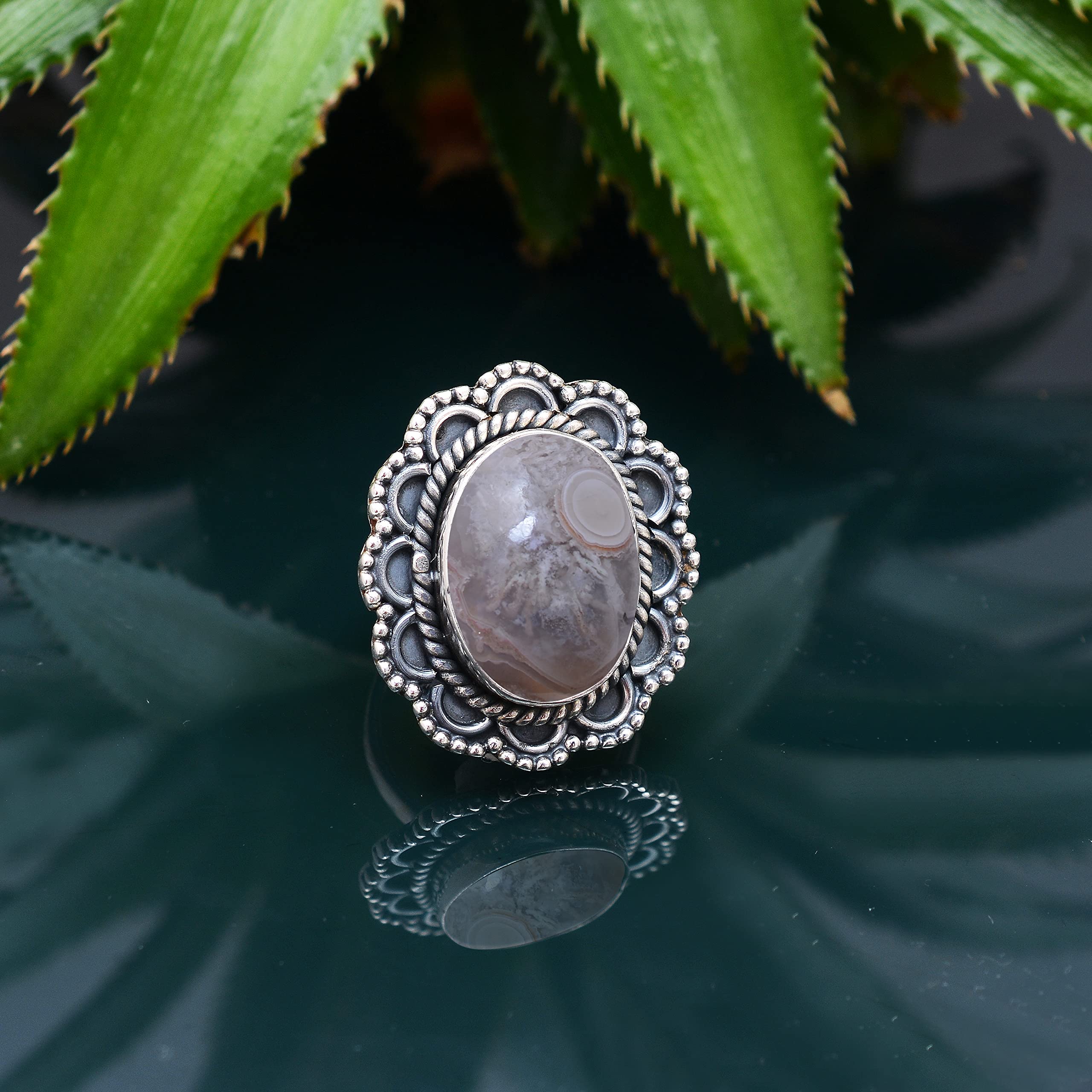 Veracity Jewelry Crazy Lace Agate Rings for Women - 925 Sterling Silver Healing Meditation Jewelry with Natural Brown White Gemstone - Elegant Gift for Wife, Mother, Sister - Perfect for Spiritual Healing, Yoga, Meditation & Everyday Wear