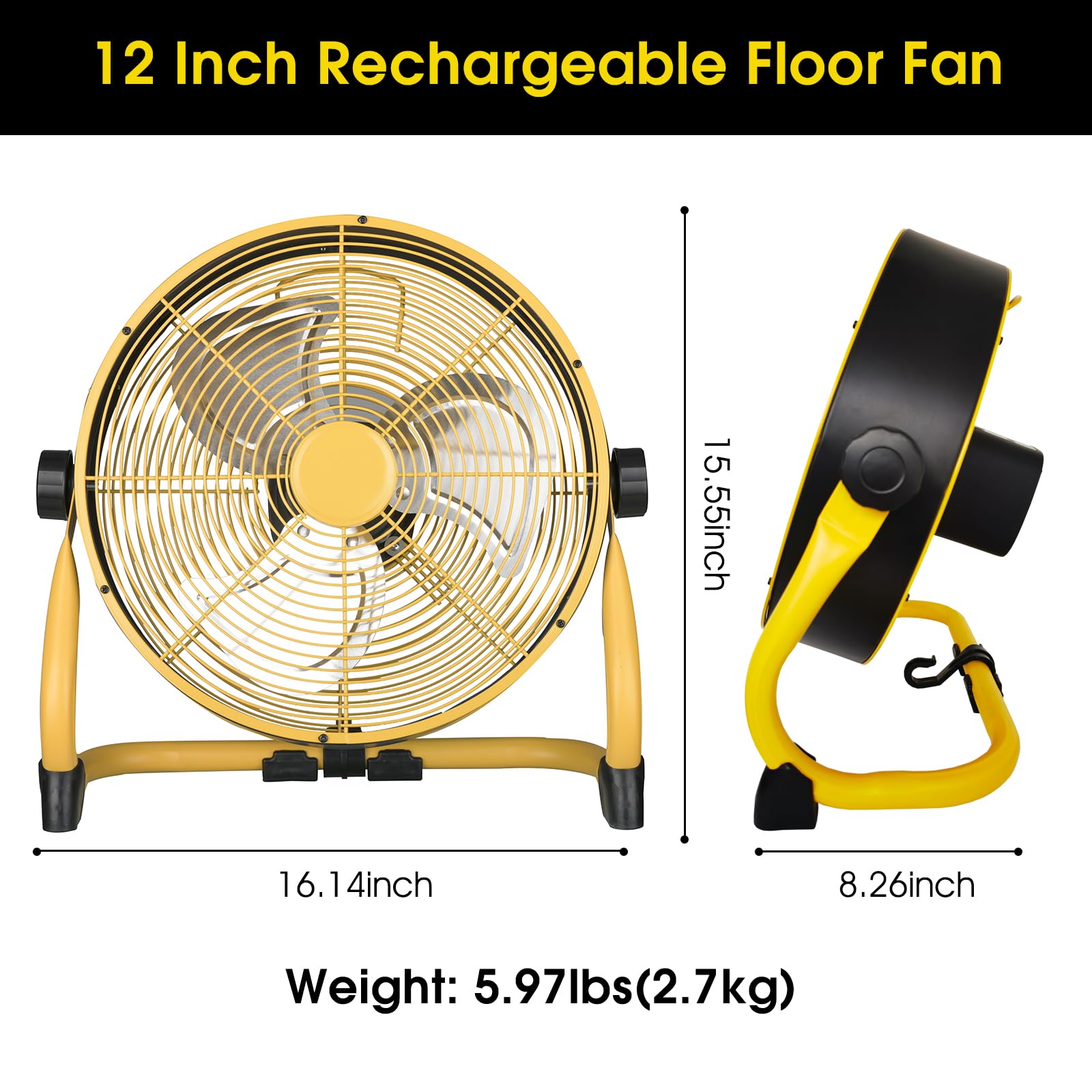 12 Inch High Velocity Battery Operated Floor Fan - Heavy Duty Metal Industrial Fan with Adjustable 360° Tilt Head & 9-Speed Settings - Rechargeable Cooling Fan for Warehouse, Workshop, Garage, and Outdoor Use