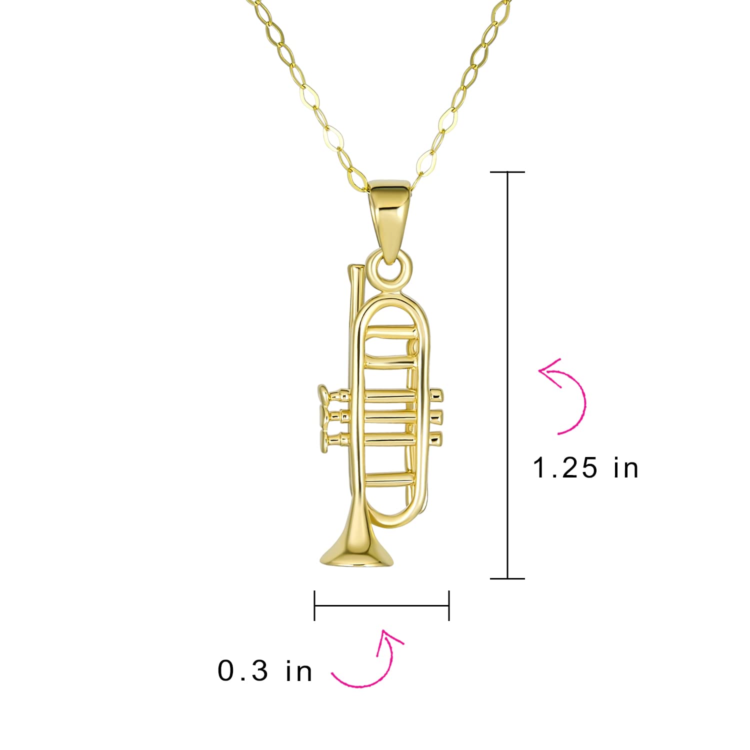 14K Yellow Gold Trumpet Pendant Necklace for Musicians, Teachers, Students & Jazz Lovers - Perfect Gift for Men & Women (Chain Not Included) - Ideal for Concerts, Music Classes & Jazz Events