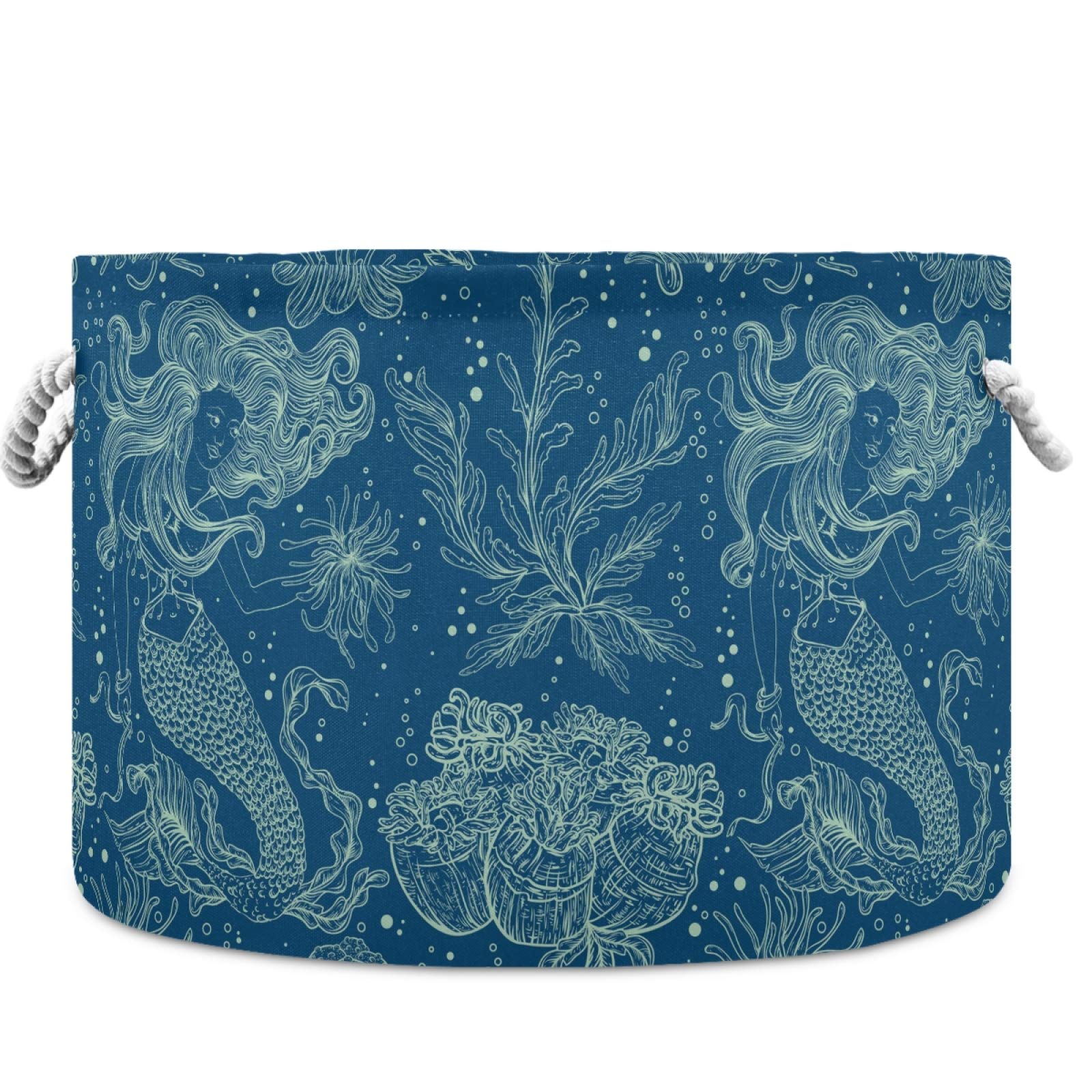 Visesunny Collapsible Large Capacity Storage Basket - Mermaid Fish Toy & Clothes Hamper with Durable Cotton Handles - Perfect for Bathroom, Bedroom, Nursery, Laundry & Closet Organization - Ideal for Kids' Room Decor, Beach Toy Storage & Home Organization Solutions