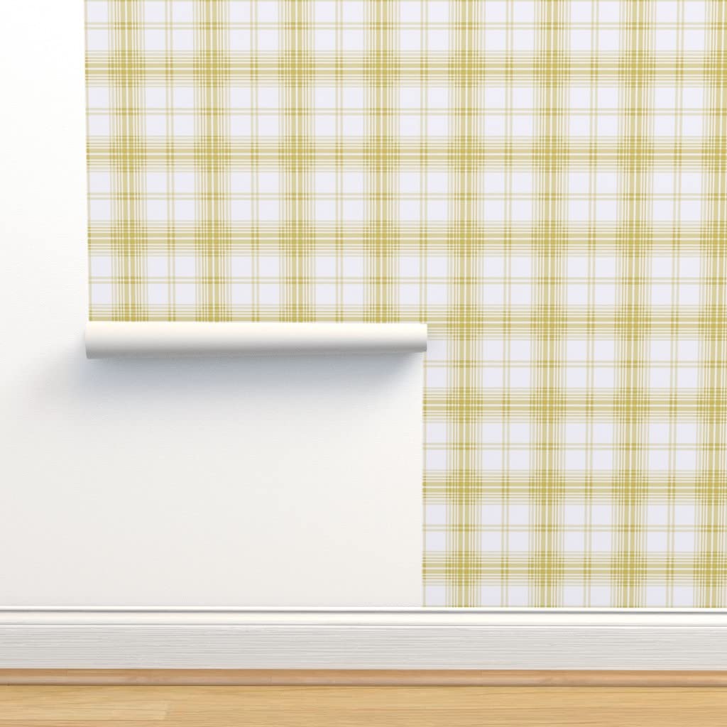 Premium Commercial Grade Wallpaper Swatch - Yellow Plaid Retro Gold Abstract Art Deco 1950s Traditional Peel & Stick Wallpaper for Living Room, Bedroom, Office Decor | Spoonflower